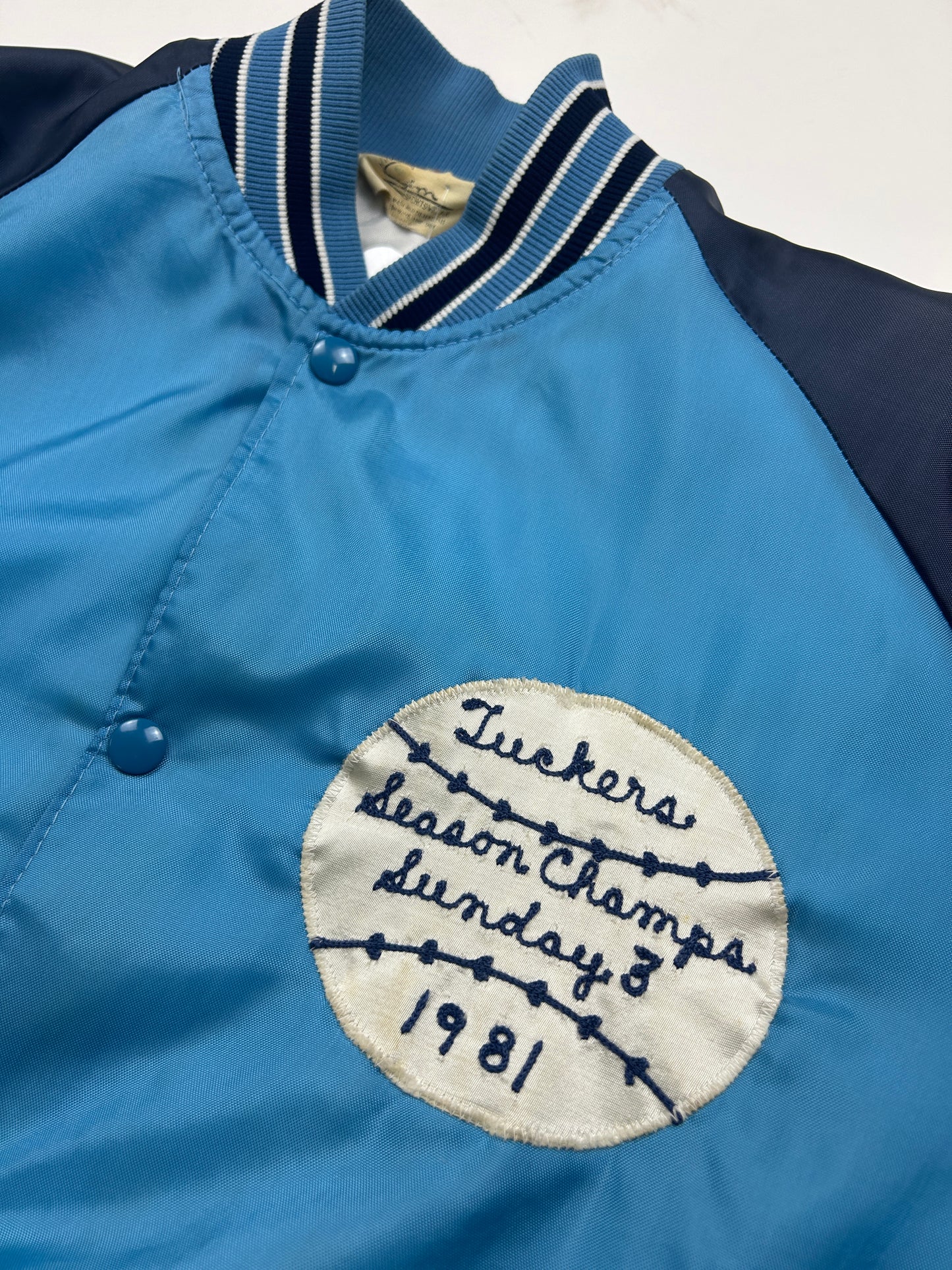 Vintage 1981 Luckers Chain Stitched Two Tone Satin bomber Jacket Size L 80s