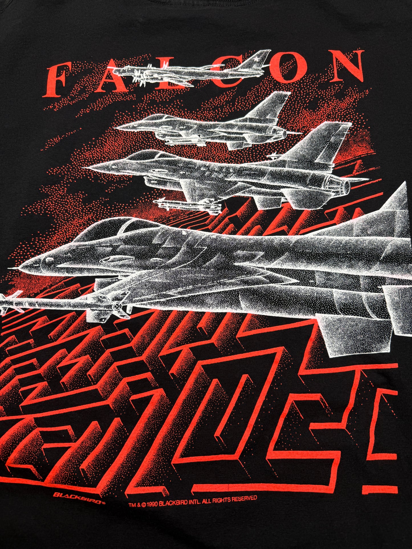 Vintage 1990 F-16 Black Bird Falcon Fighter Jets Front And Back Graphic T Shirt Size XL