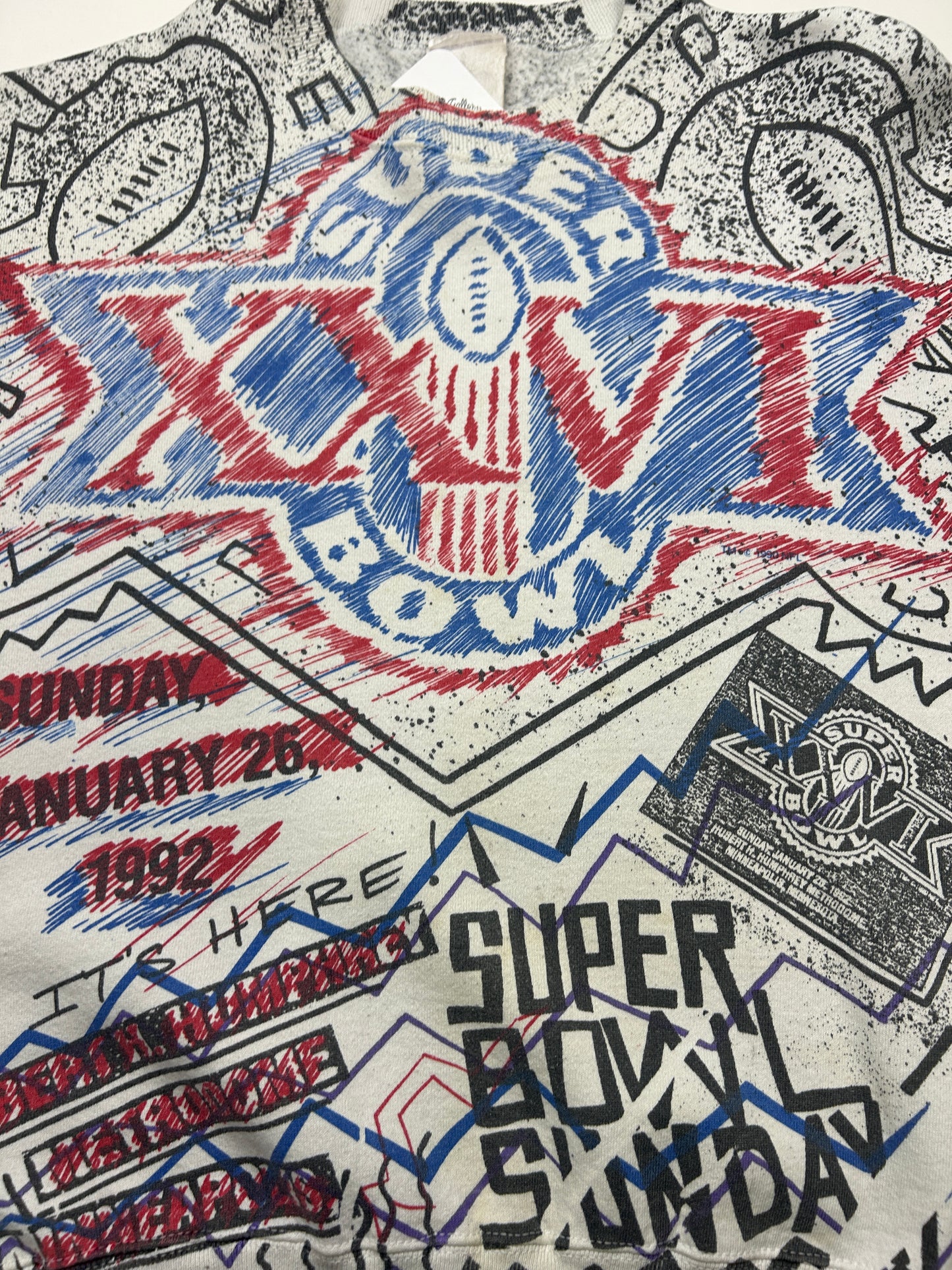 Vintage 1992 Super Bowl XXVI All Over Print NFL Football Sweatshirt Size L 90s