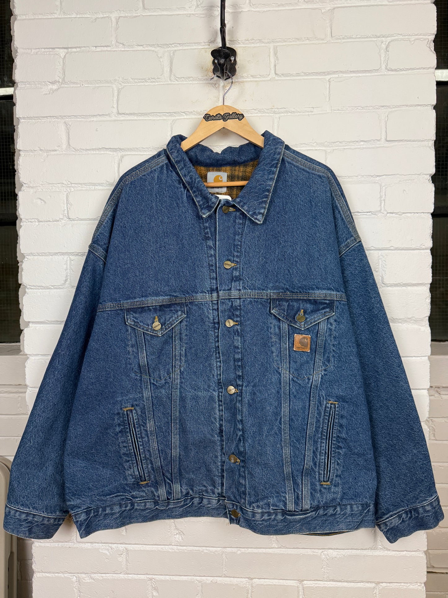 Vintage 90s Carhartt Plaid Blanket Lined Denim Trucker Jacket Size XXL
