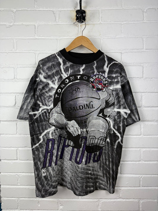 Vintage 90s Toronto Raptors Spalding Ball Running Man Lightning AOP T Shirt Size L