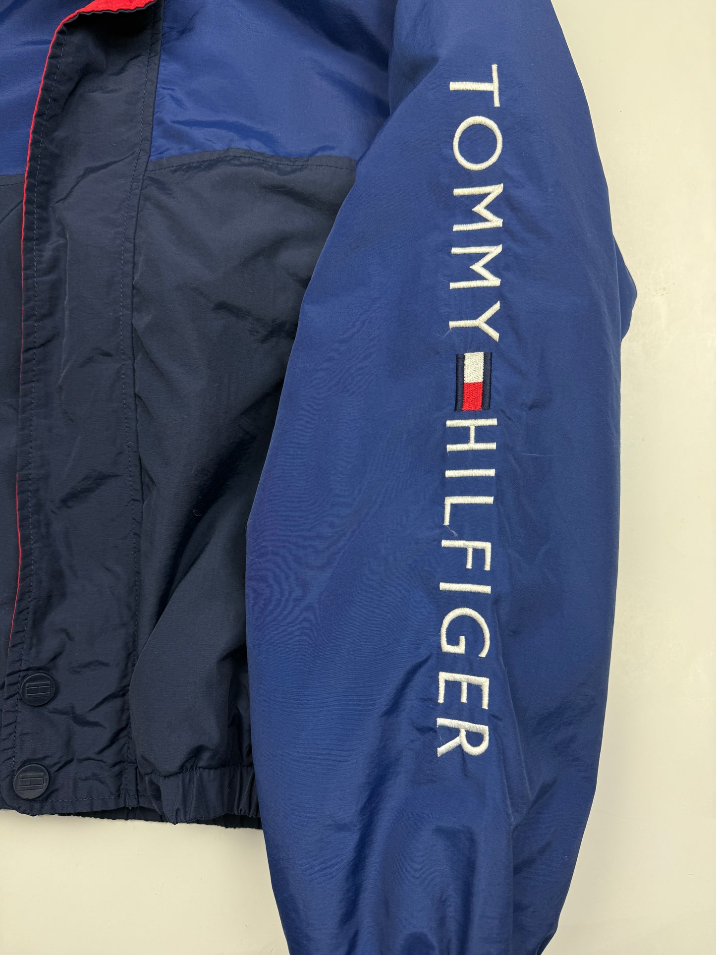 Vintage 90s Tommy Hilfiger Fleece Lined Two Tone Sleeve Spell Out Nylon Bomber Size L