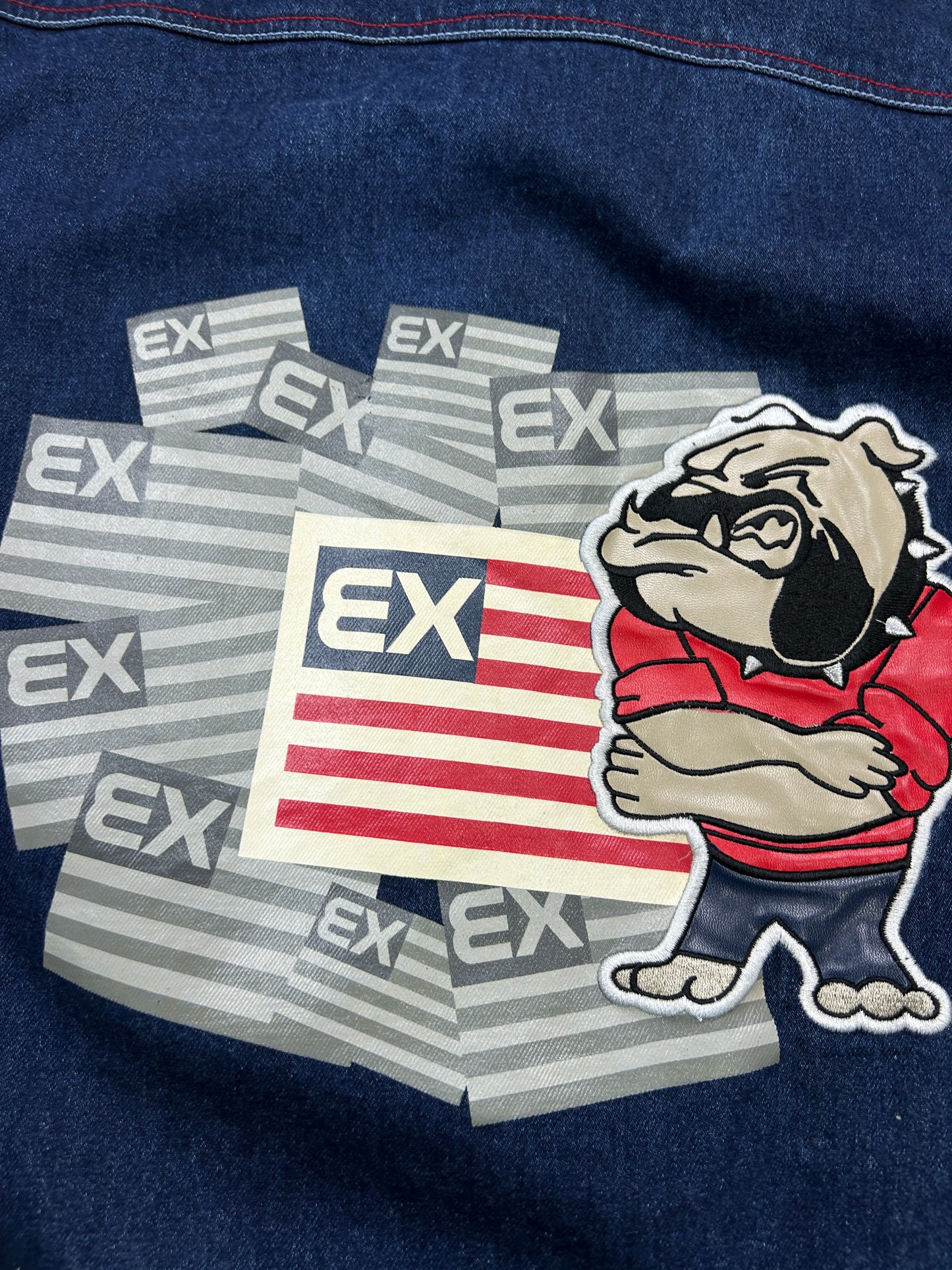 Vintage Y2K Exco Jeans Bulldog American Flag Trucker Denim Jacket Size L