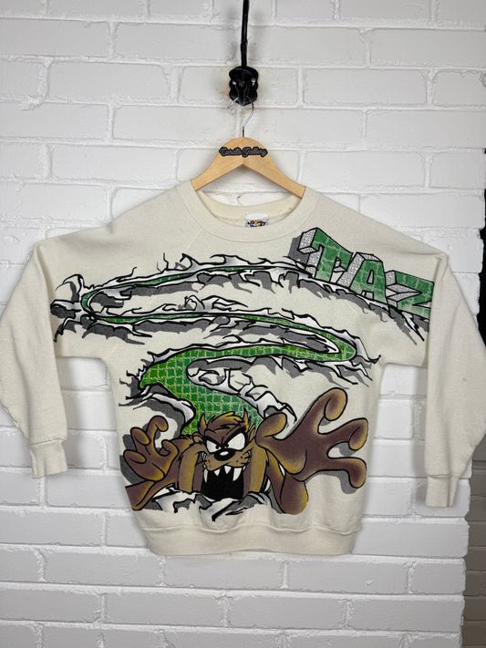 Vintage 1996 Looney Tunes Taz Grafiti Tear All Over Print Crewneck Sweatshirt Size M 90s