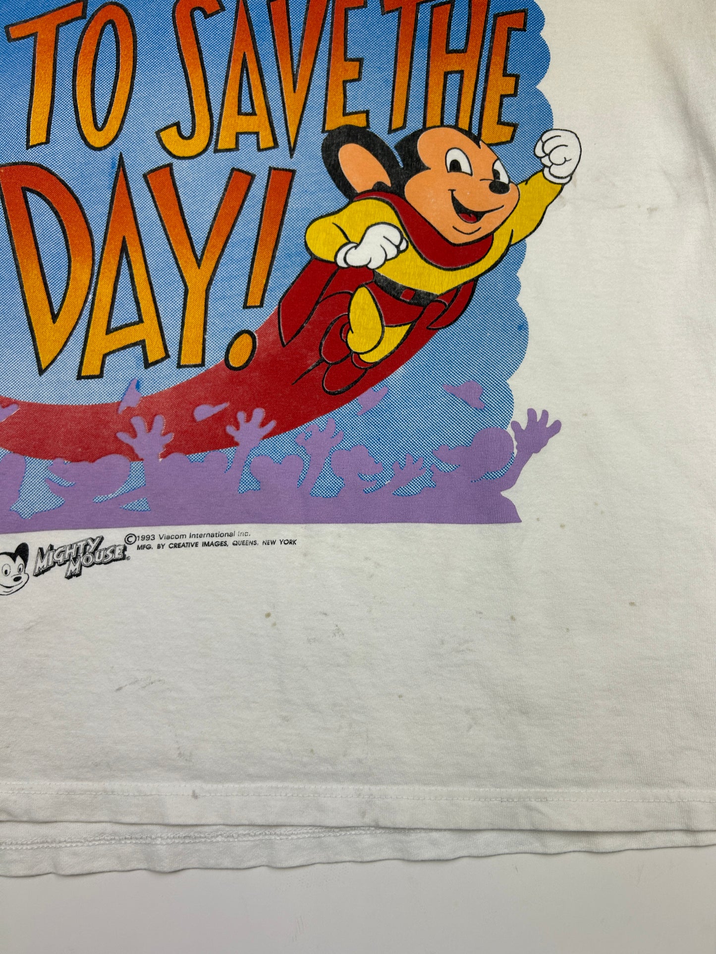 Vintage 1993 Mighty Mouse Here I Come To Save The Day Cartoon TV Show T Shirt Size XL