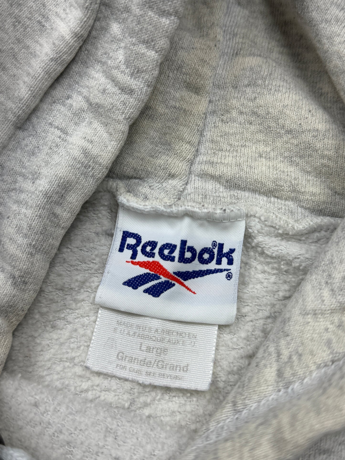 Vintage 90s Reebok Embroidered Spell Out Logo Hooded Sweatshirt Size L Heather Gray