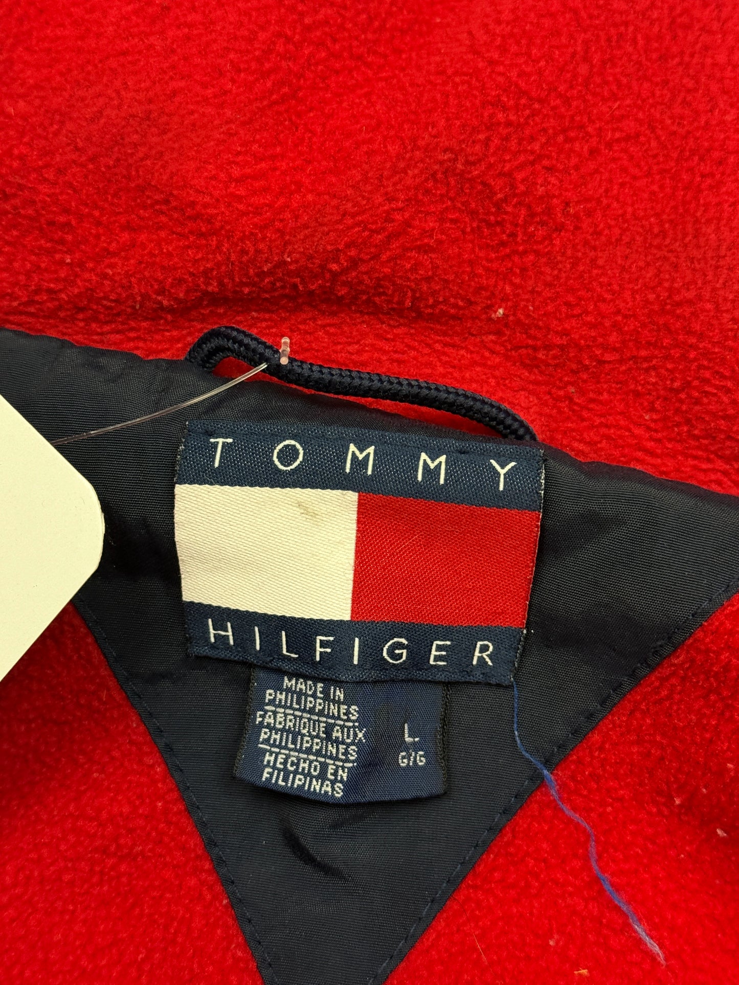 Vintage 90s Tommy Hilfiger Fleece Lined Two Tone Sleeve Spell Out Nylon Bomber Size L