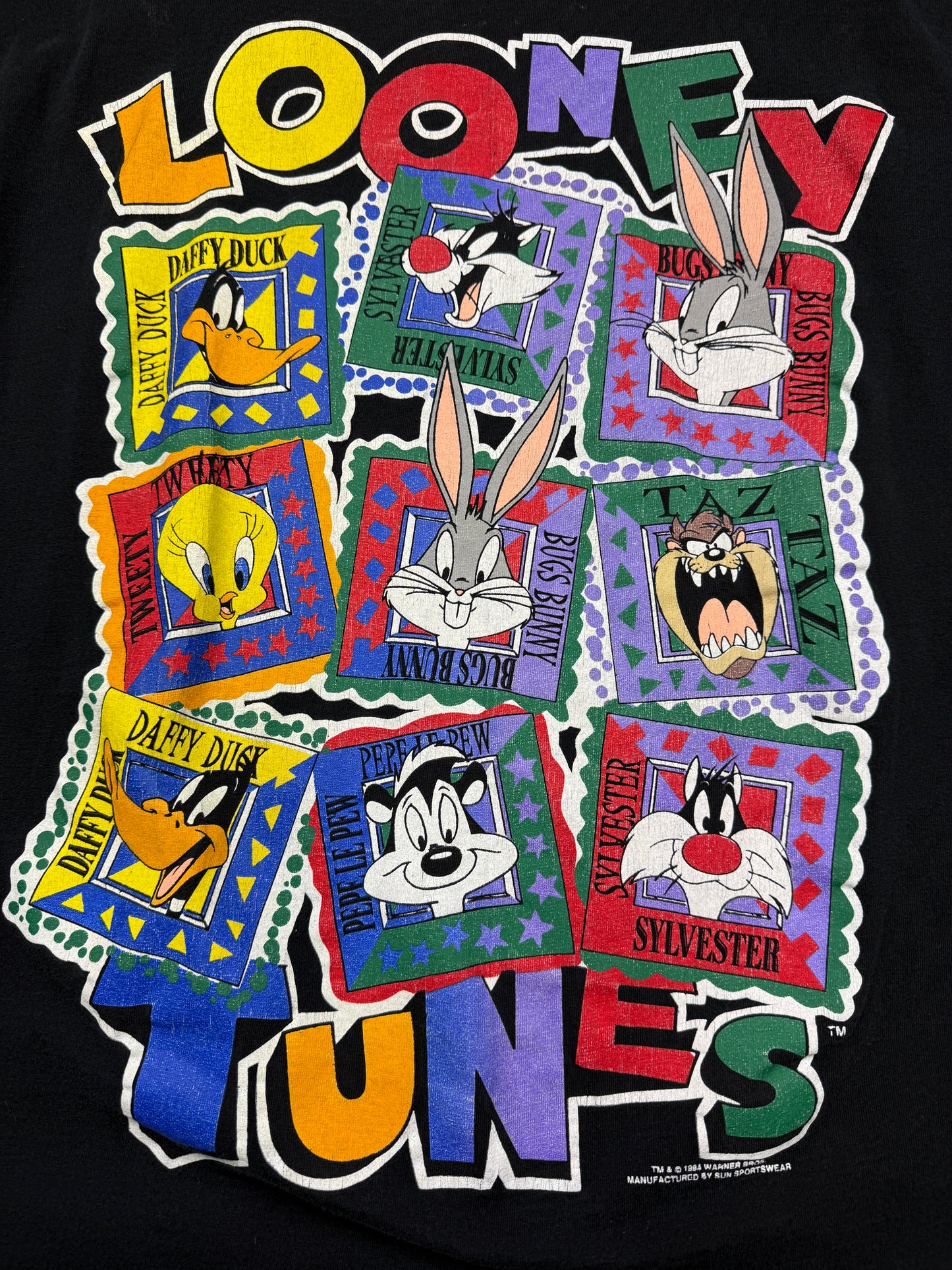 Vintage 1994 Looney Tunes Stamp Characters Bugs Taz Tweety Daffy Cartoon T Shirt Size XXL