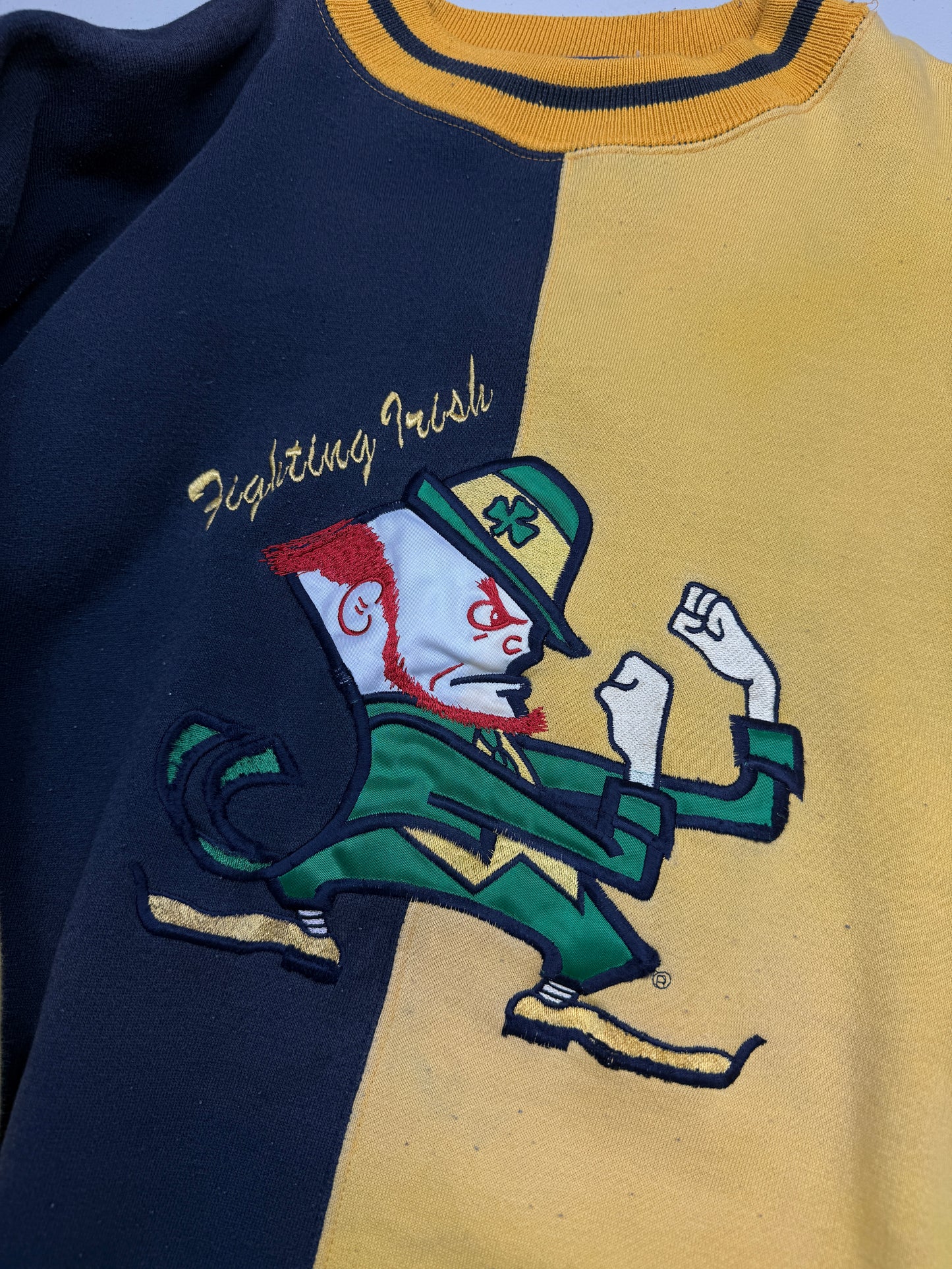 Vintage 90s Notre Dame Fighting Irish Embroidered Logo Split Two Tone Sweatshirt Size XL