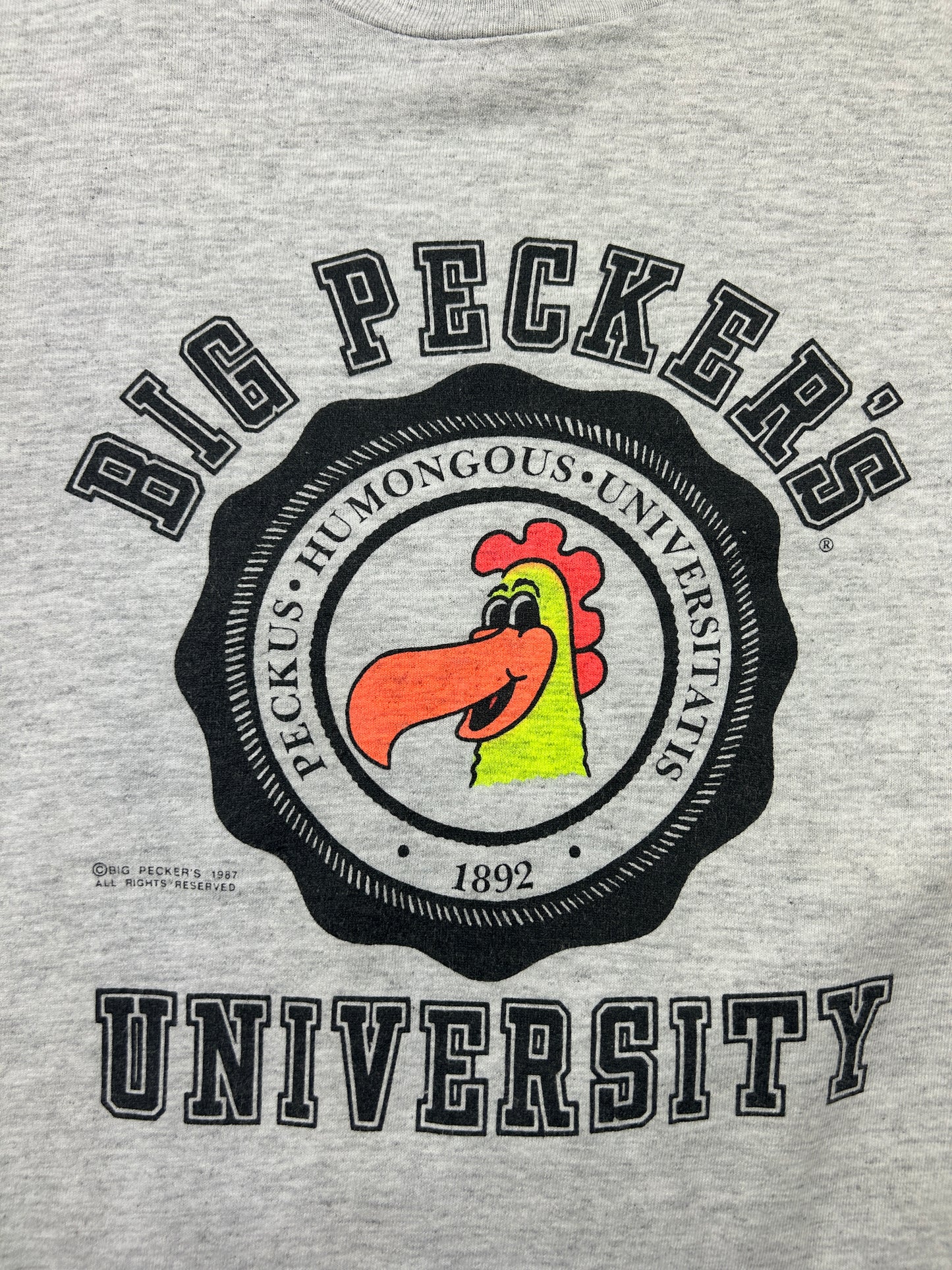 Vintage 1987 Big Peckers University Humungos Crest Parody T Shirt Size L 80s