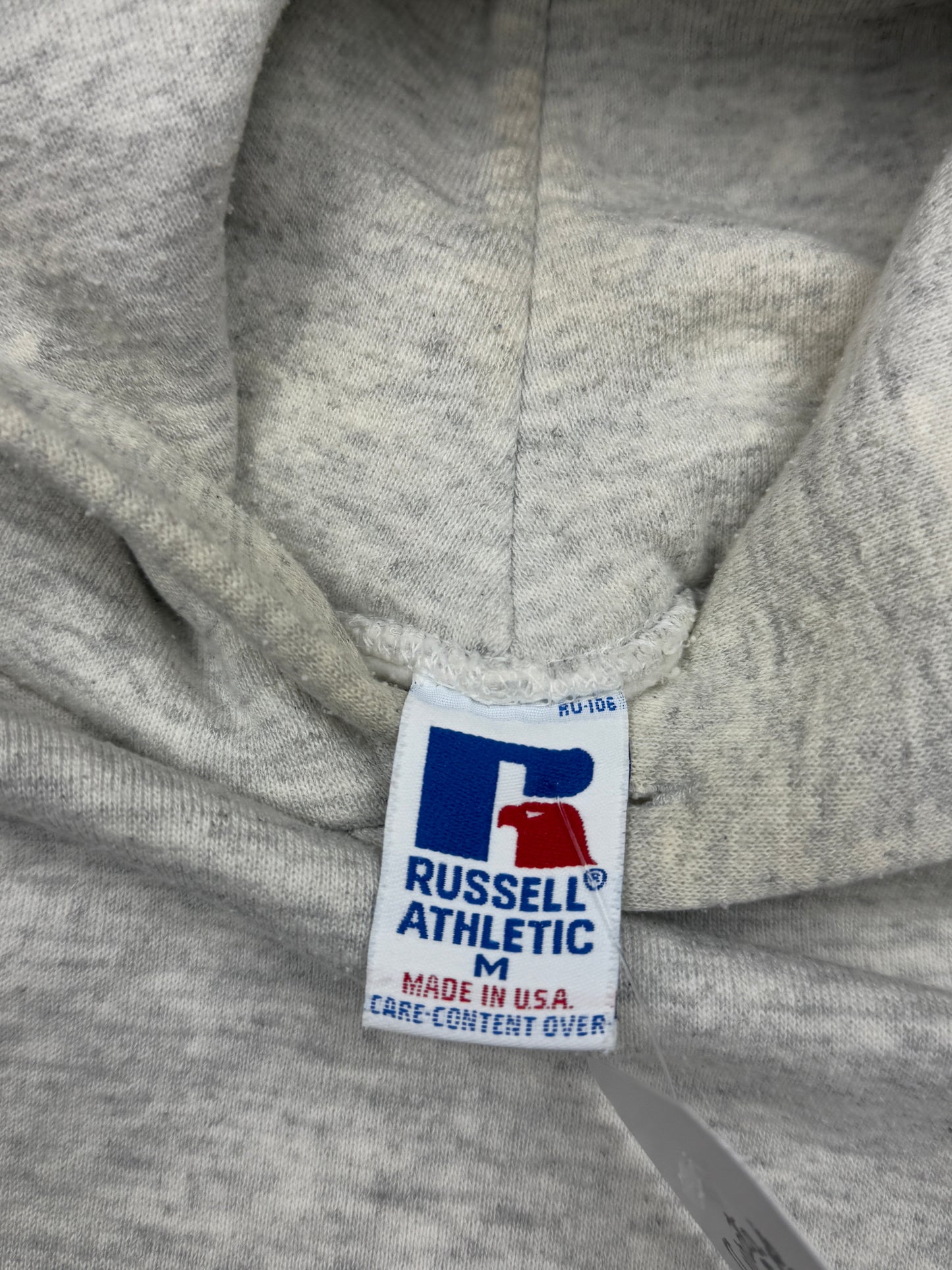 Vintage 90s Russell Athletic Cropped Boxy Fit Blank Hooded Sweatshirt Size M Heather Gray