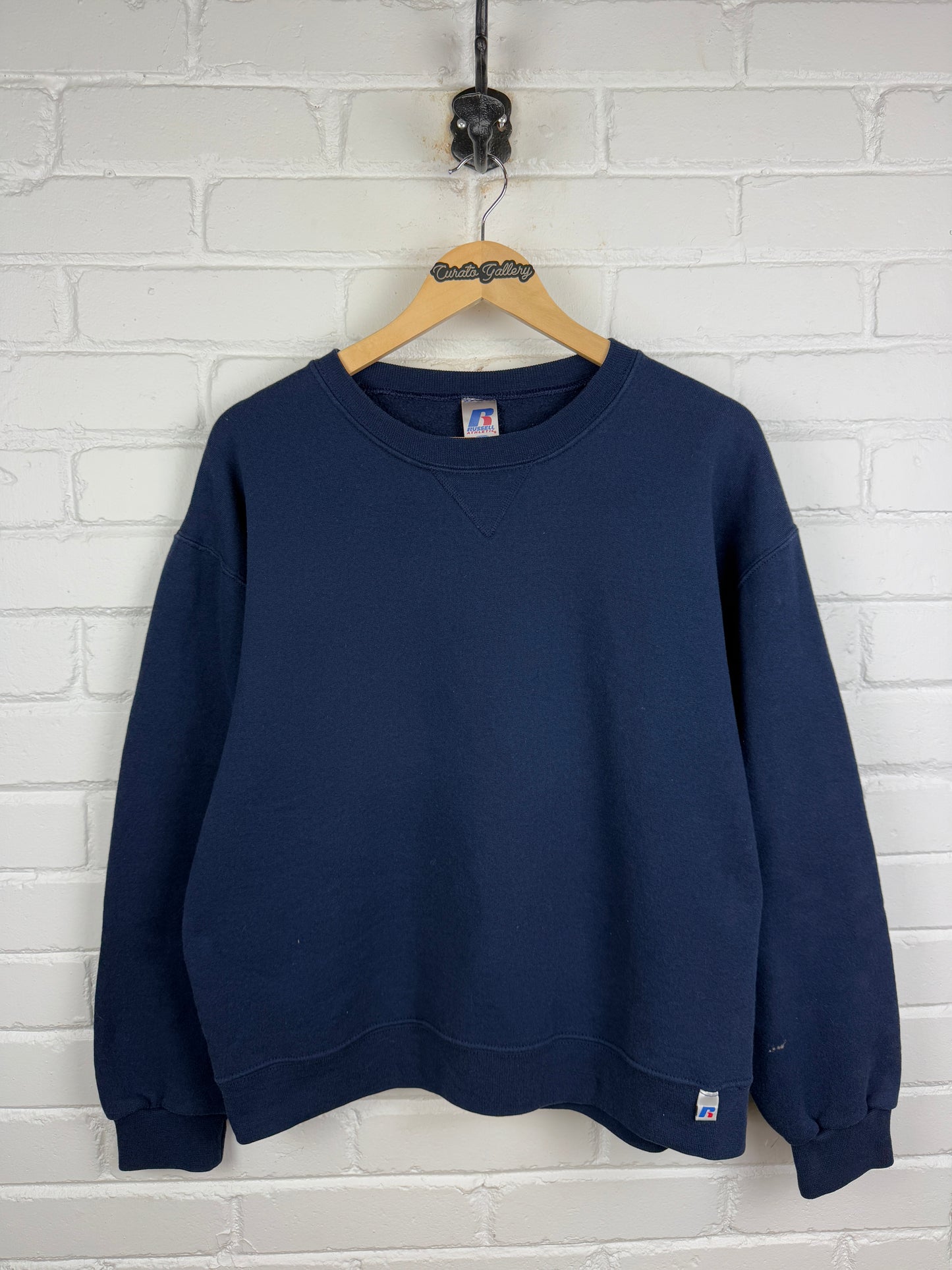 Russell Athletic Cropped Boxy Fit Blank Crewneck Sweatshirt Size M Navy Blue