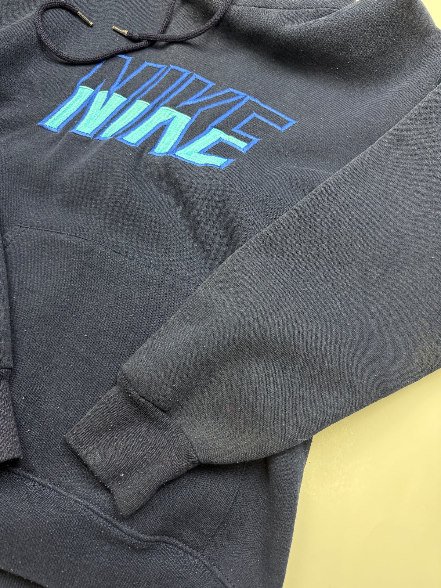Vintage 80s/90s Nike Embroidered Spell Out Blue Ombre Hooded Sweatshirt Size M