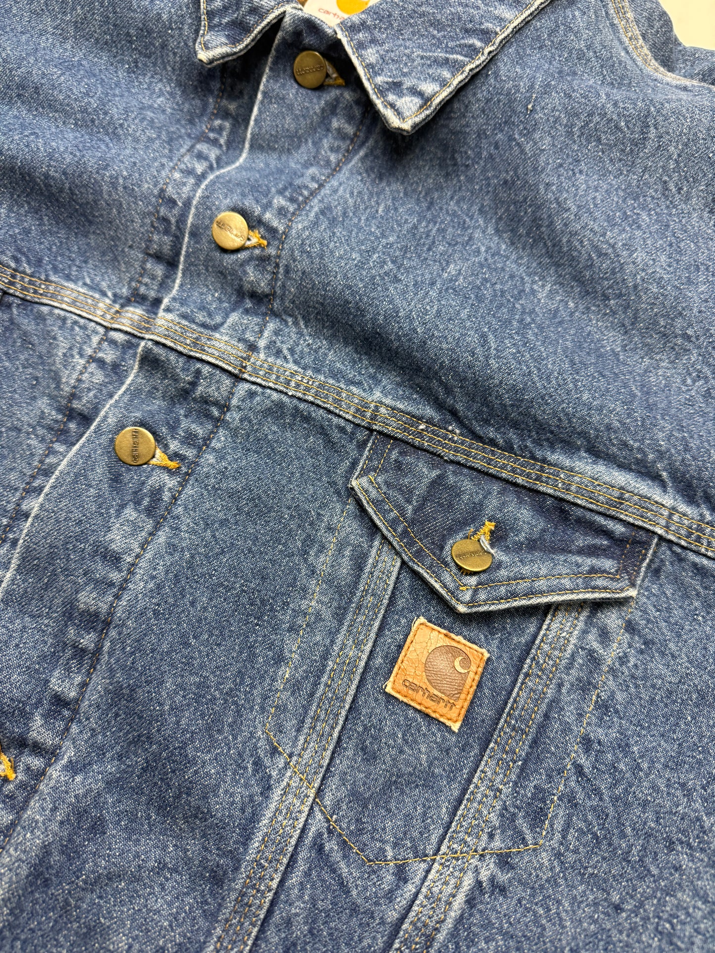Vintage 90s Carhartt Plaid Blanket Lined Denim Trucker Jacket Size XXL