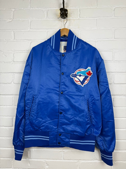 Vintage 80s/90s Toronto Blue Jays Stitched Shain Light Satin Bomber Jacket Size XXL