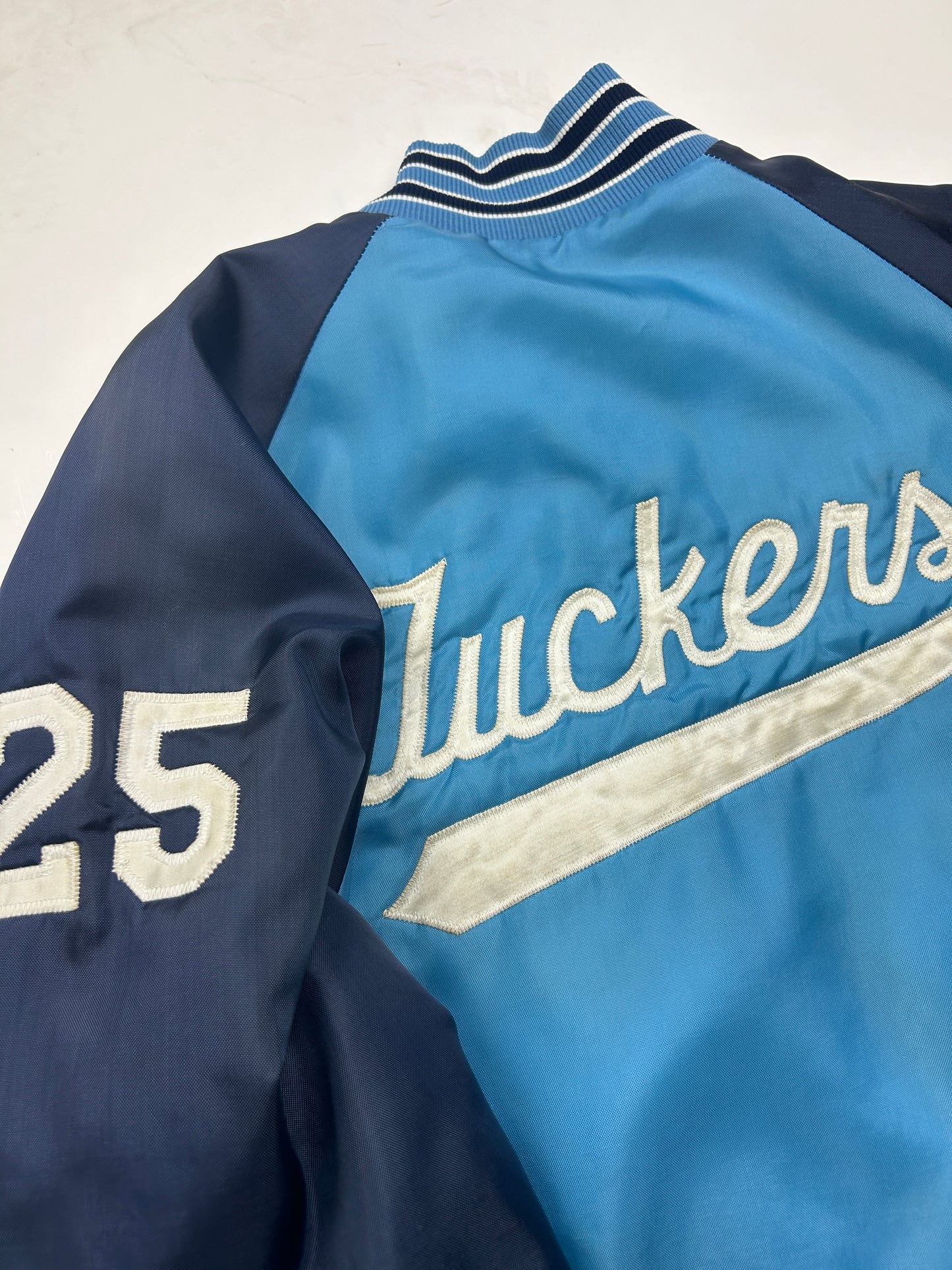 Vintage 1981 Luckers Chain Stitched Two Tone Satin bomber Jacket Size L 80s