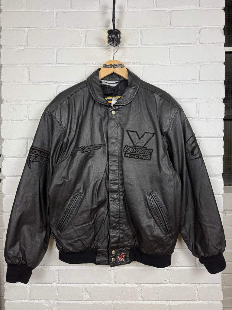 Vintage 90s Mark Martin Valvoline Racing Jeff Hamilton Leather Bomber Jacket Size L Black