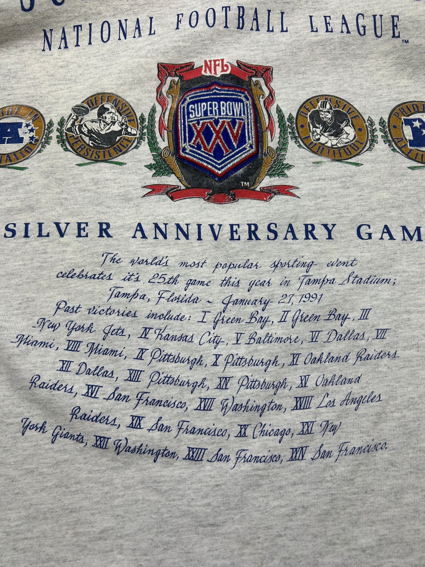 Vintage 1991 Super Bowl XXV Silver Anniversary Game NFL Nutmeg T Shirt Size M 90s
