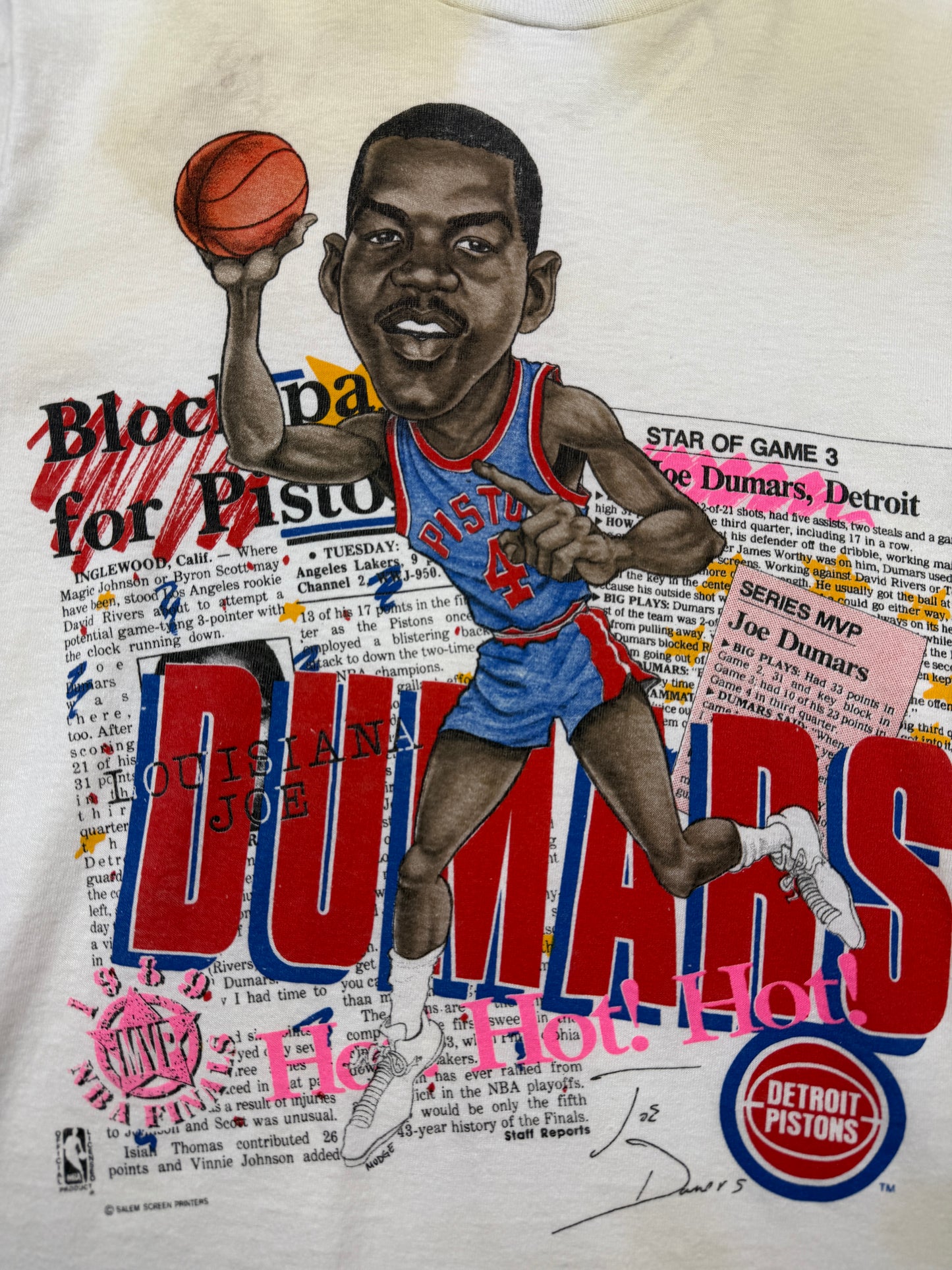 Vintage 1989 Joe Dumars #4 Detroit Pistons NBA Finals MVP Caricature Salem T Shirt Size XS