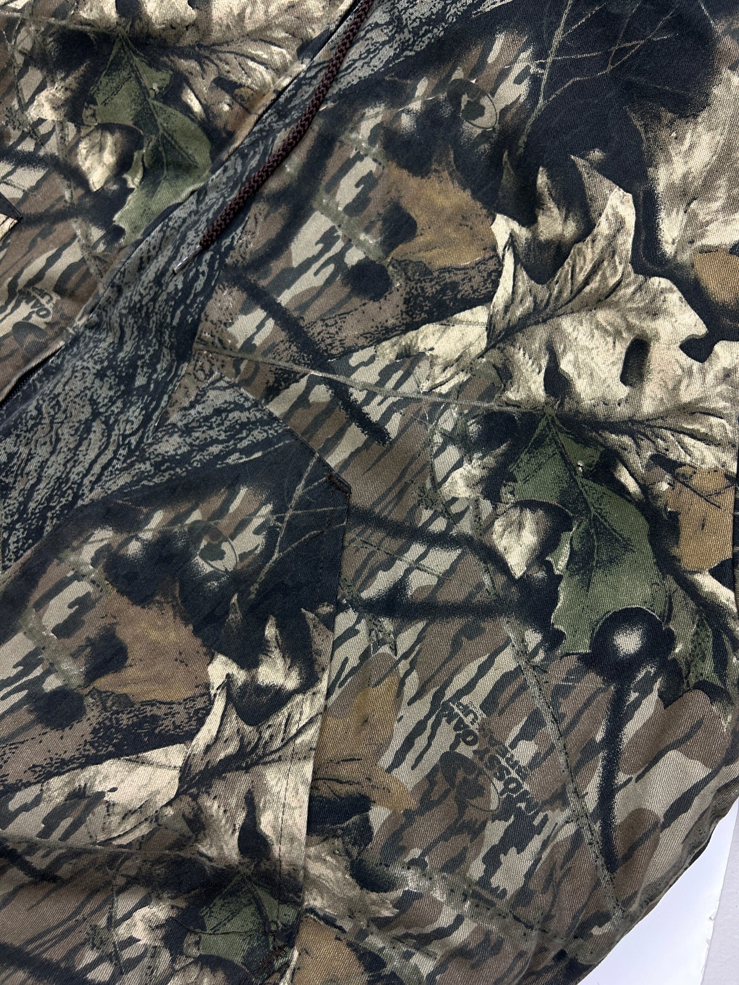 Vintage 90s Mossy Oak Break Up Camo Quilted Lined Insulated Hooded Bomber Jacket Size XL