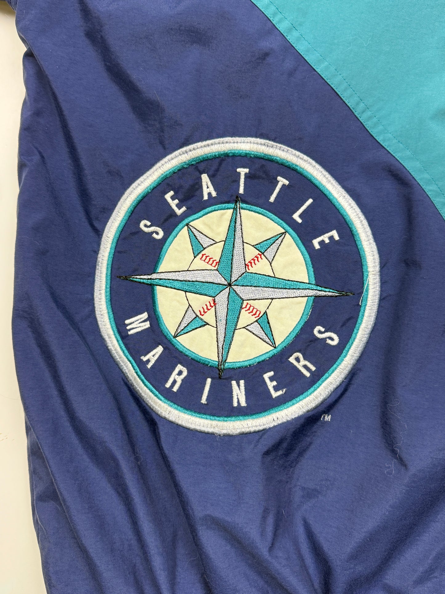 Vintage 90s Seattle Mariners MLB Baseball Embroidered Arc Spell Out Logo DeLong Windbreaker Jacket Size XL