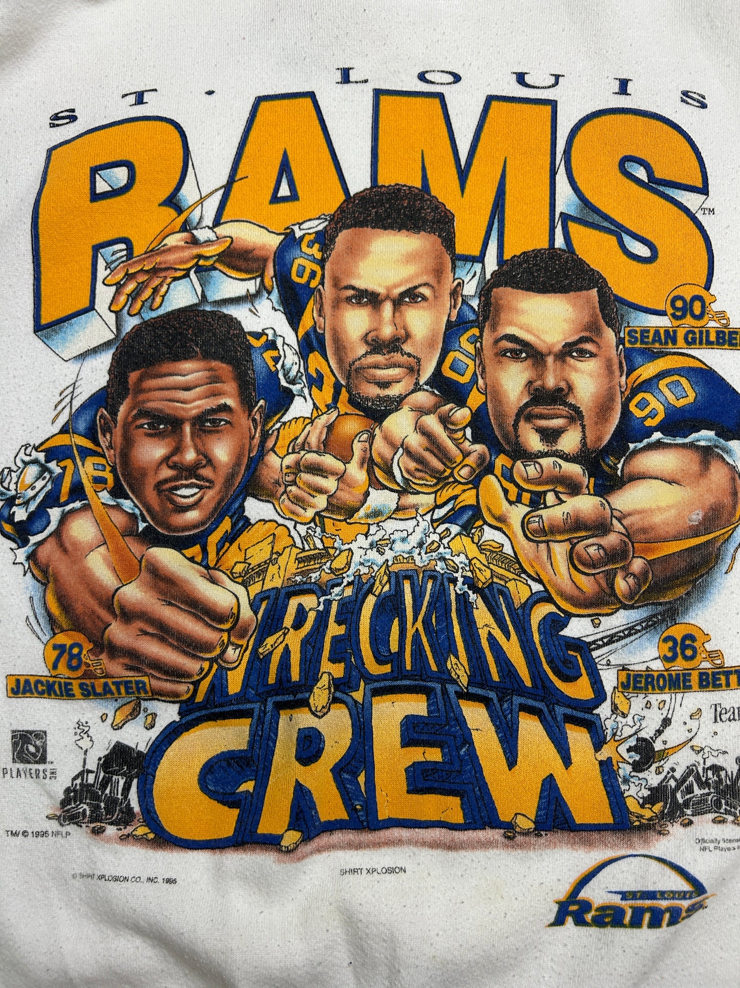 Vintage 1995 St Louis Rams Wrecking Crew Bettis Gilbert Caricature NFL Sweatshirt Size L 90s