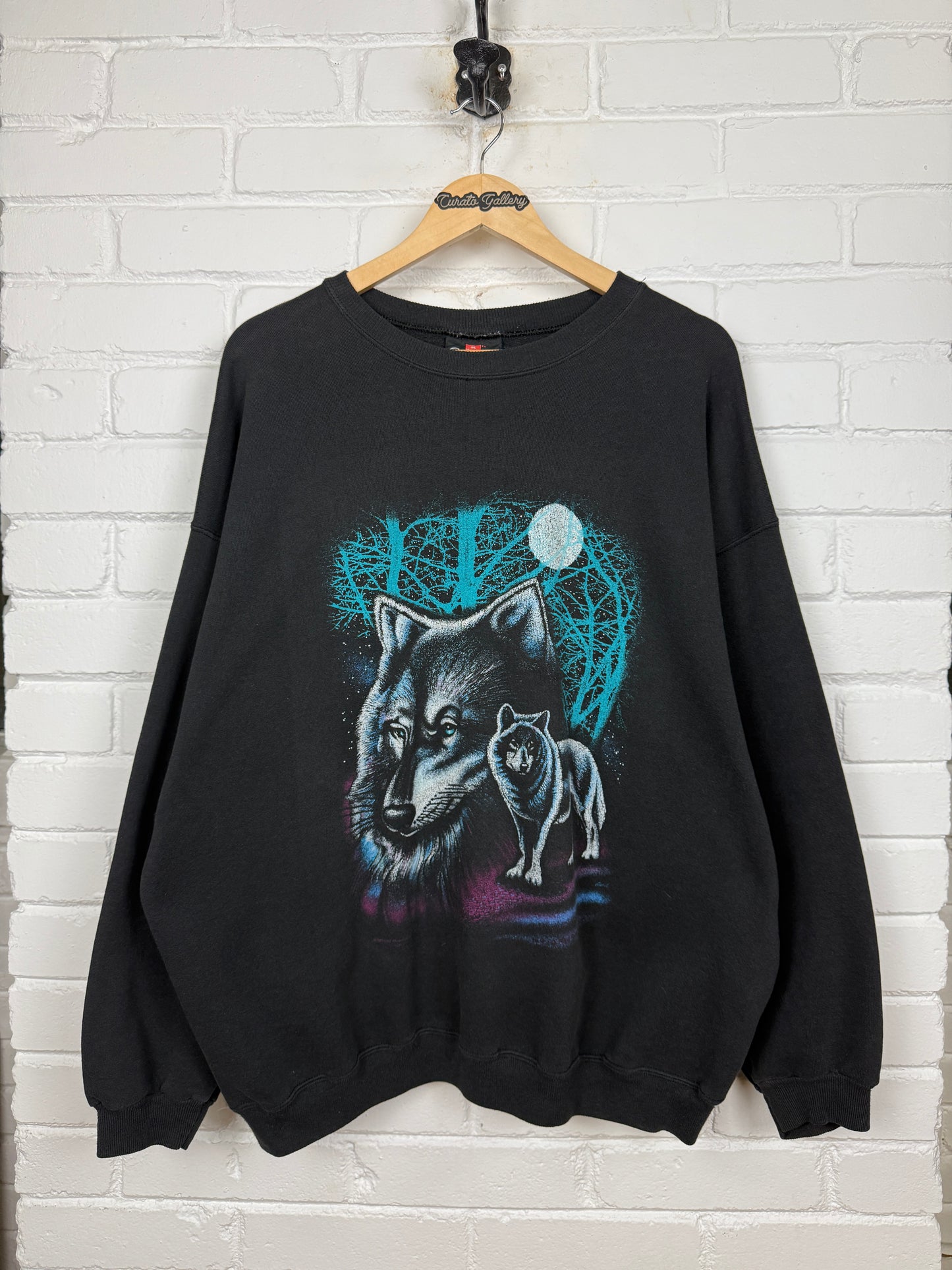 Vintage 90S Wolf Full Moon Art Nature Wilderness Graphic Sweatshirt Size XXL