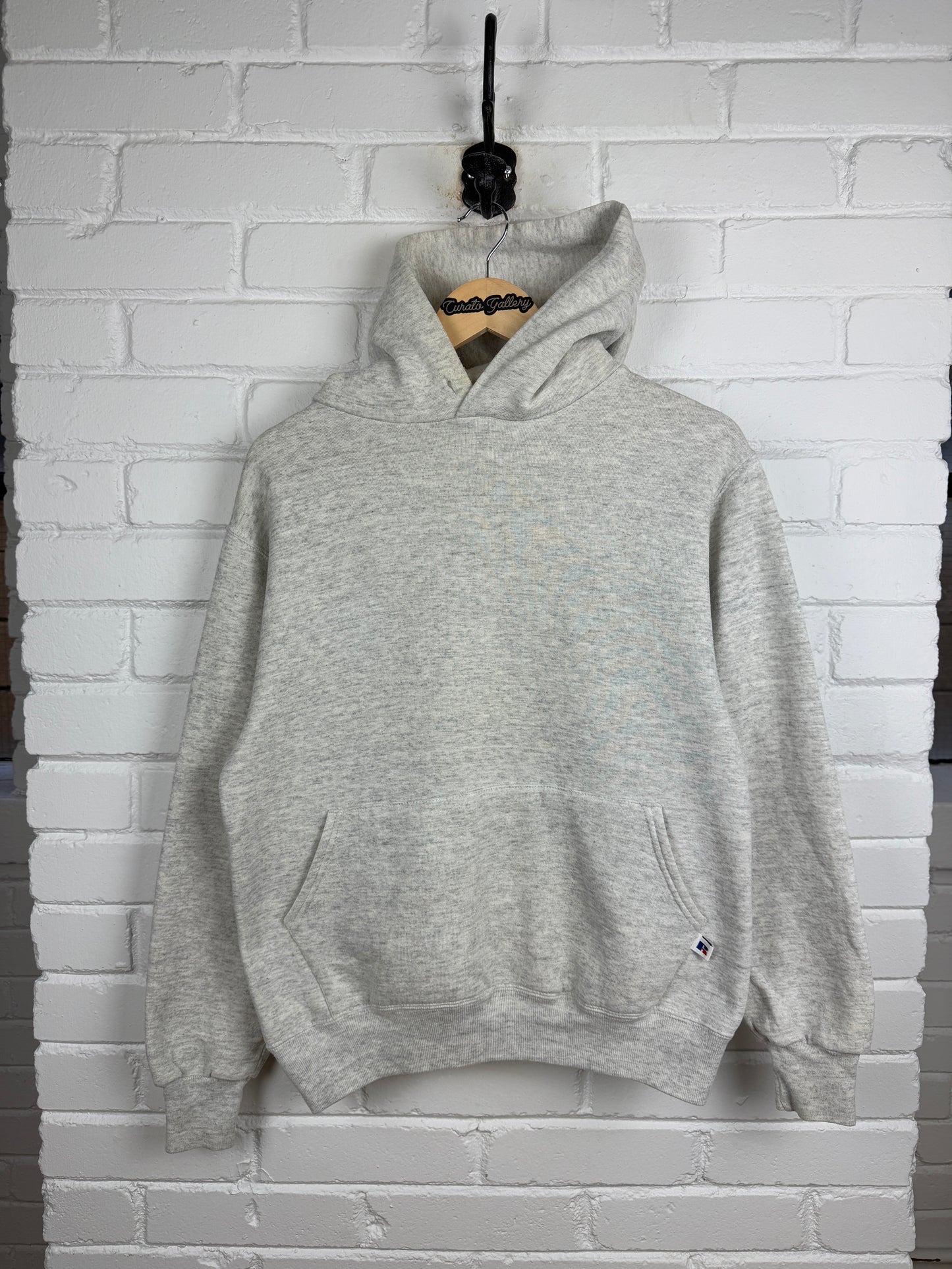 Vintage 90s Russell Athletic Cropped Boxy Fit Blank Hooded Sweatshirt Size M Heather Gray