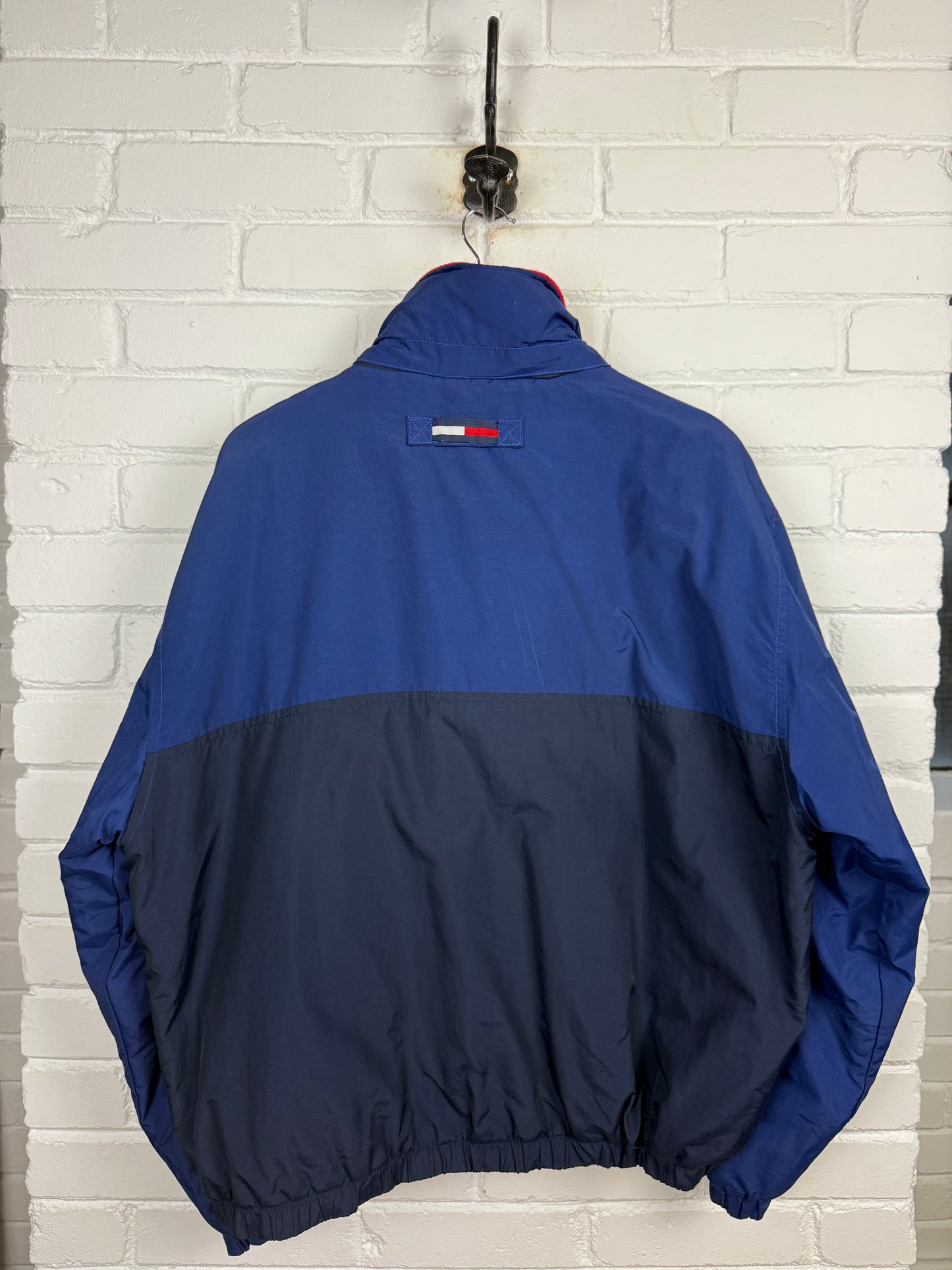 Vintage 90s Tommy Hilfiger Fleece Lined Two Tone Sleeve Spell Out Nylon Bomber Size L
