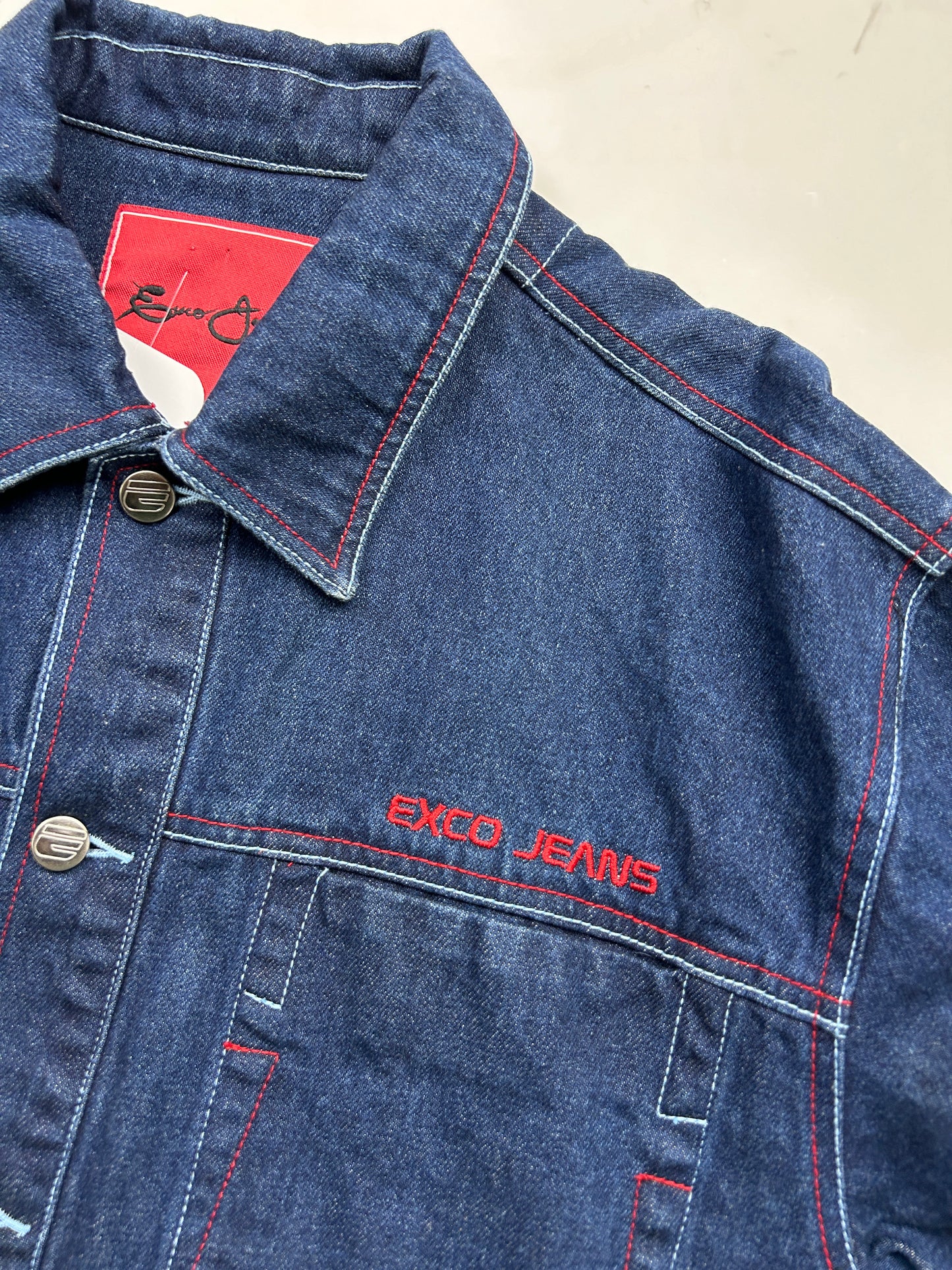 Vintage Y2K Exco Jeans Bulldog American Flag Trucker Denim Jacket Size L