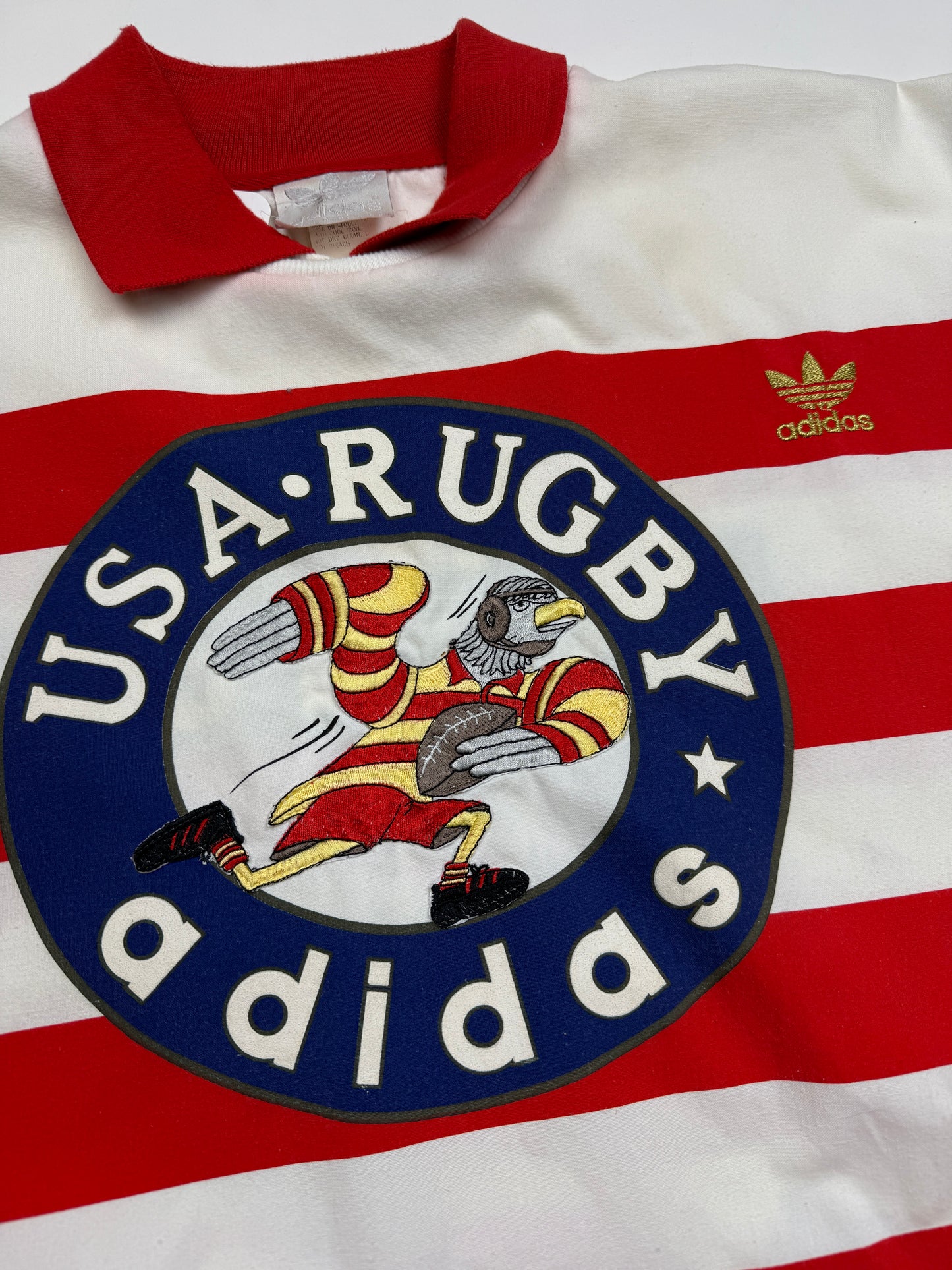 Vintage 80s Adidas USA Rugby Striped Bald Eagle Tre Foil Collared Sweatshirt Size XL