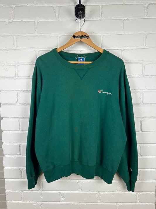 Vintage 90s Champion Embroidered Spell Out Forrest Green Crew Neck Sweatshirt Size XL