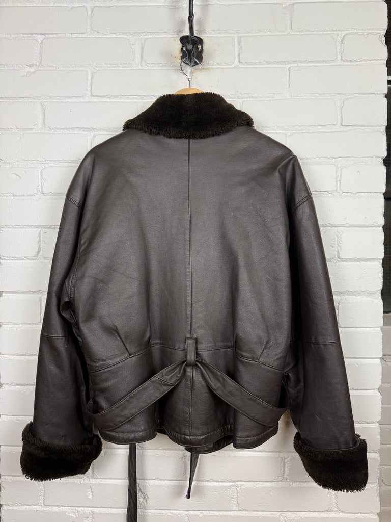 Vintage 90s Dimension Leather Faux Sherling Leather Bomber Jacket Size XL