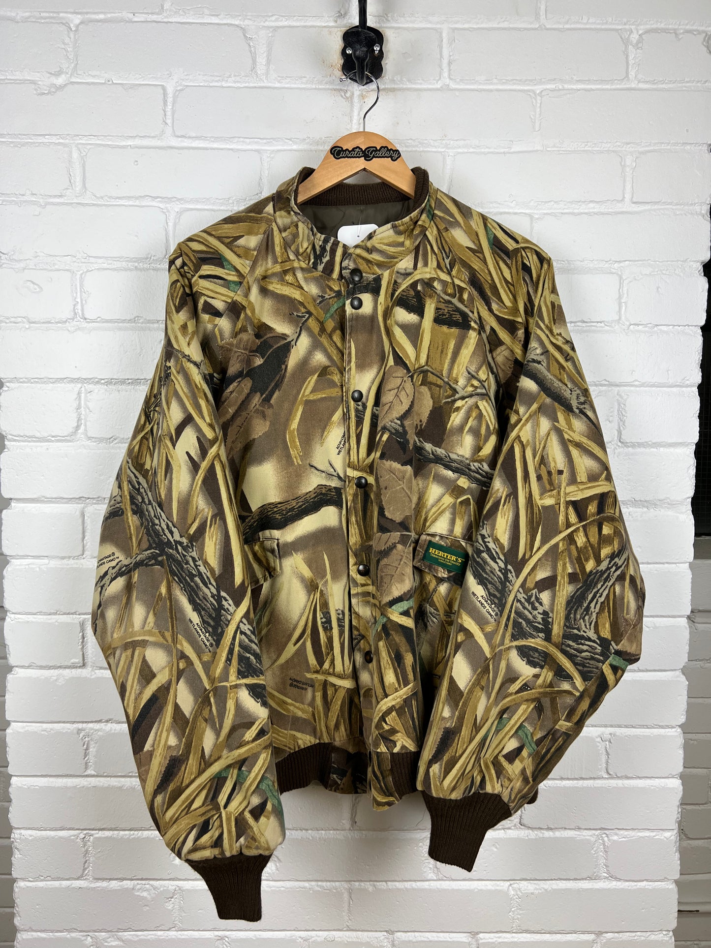 Vintage 90s Herters Advantage Wetlands Camo Quilted Lined Insulated Button Up Bomber Jacket Size XXL