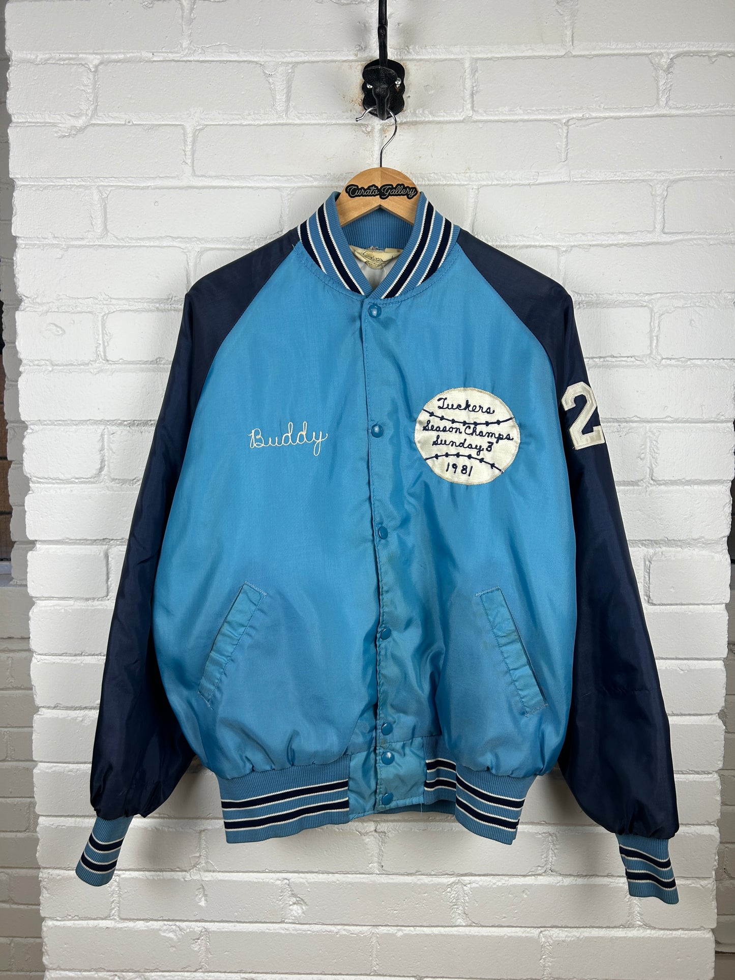 Vintage 1981 Luckers Chain Stitched Two Tone Satin bomber Jacket Size L 80s