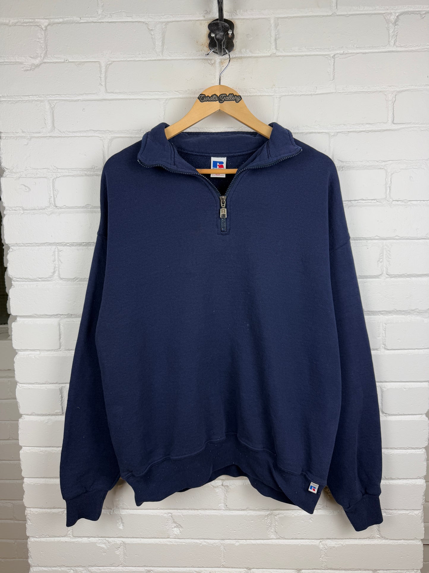 Vintage Russell Athletic Cropped Boxy Fit Blank 1/2 Zip Sweatshirt Size XL Navy Blue