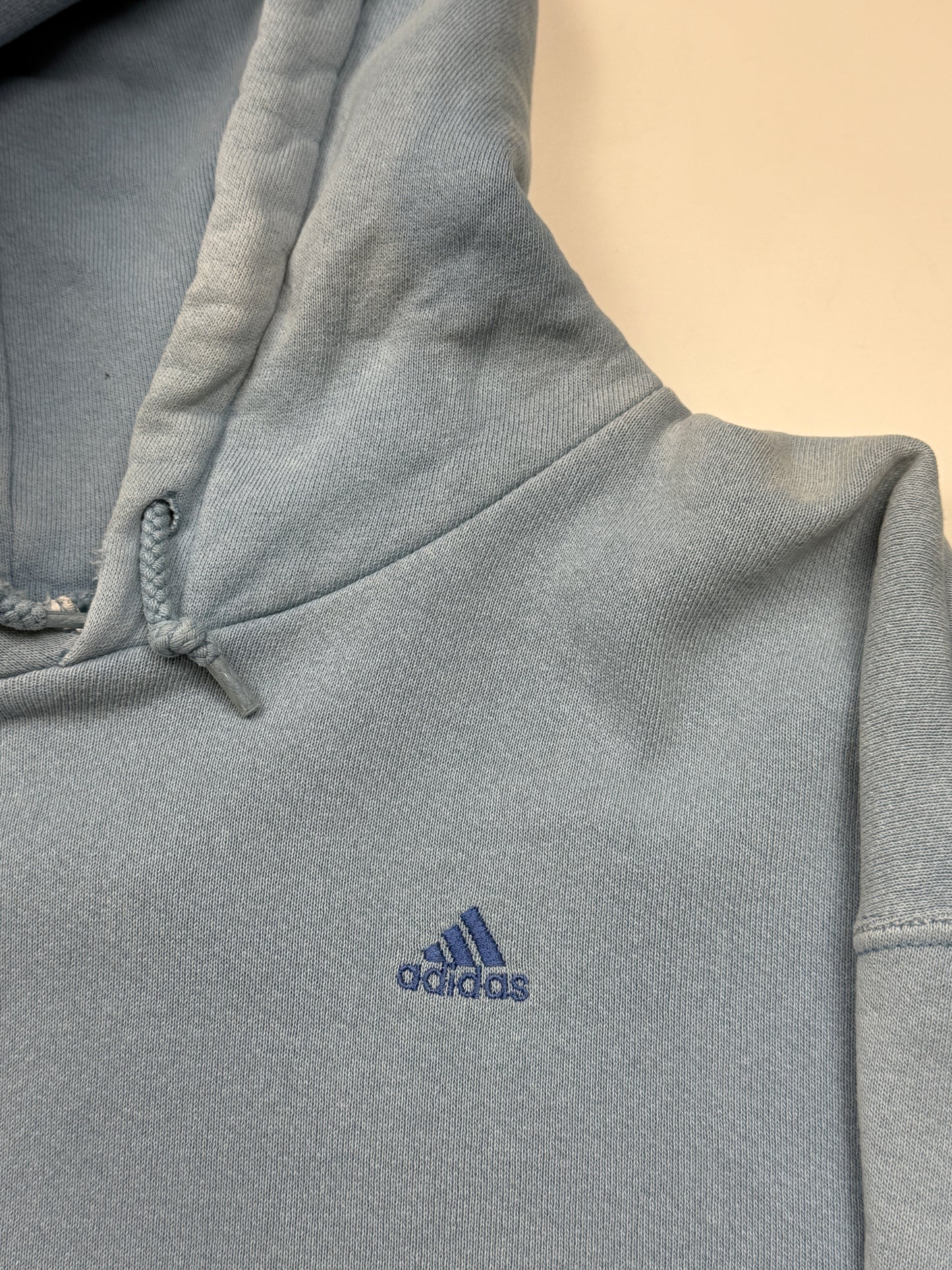 Vintage 90s Adidas Embroidered Logo Cropped Boxy Fit Hooded Sweatshirt Size L Baby Blue