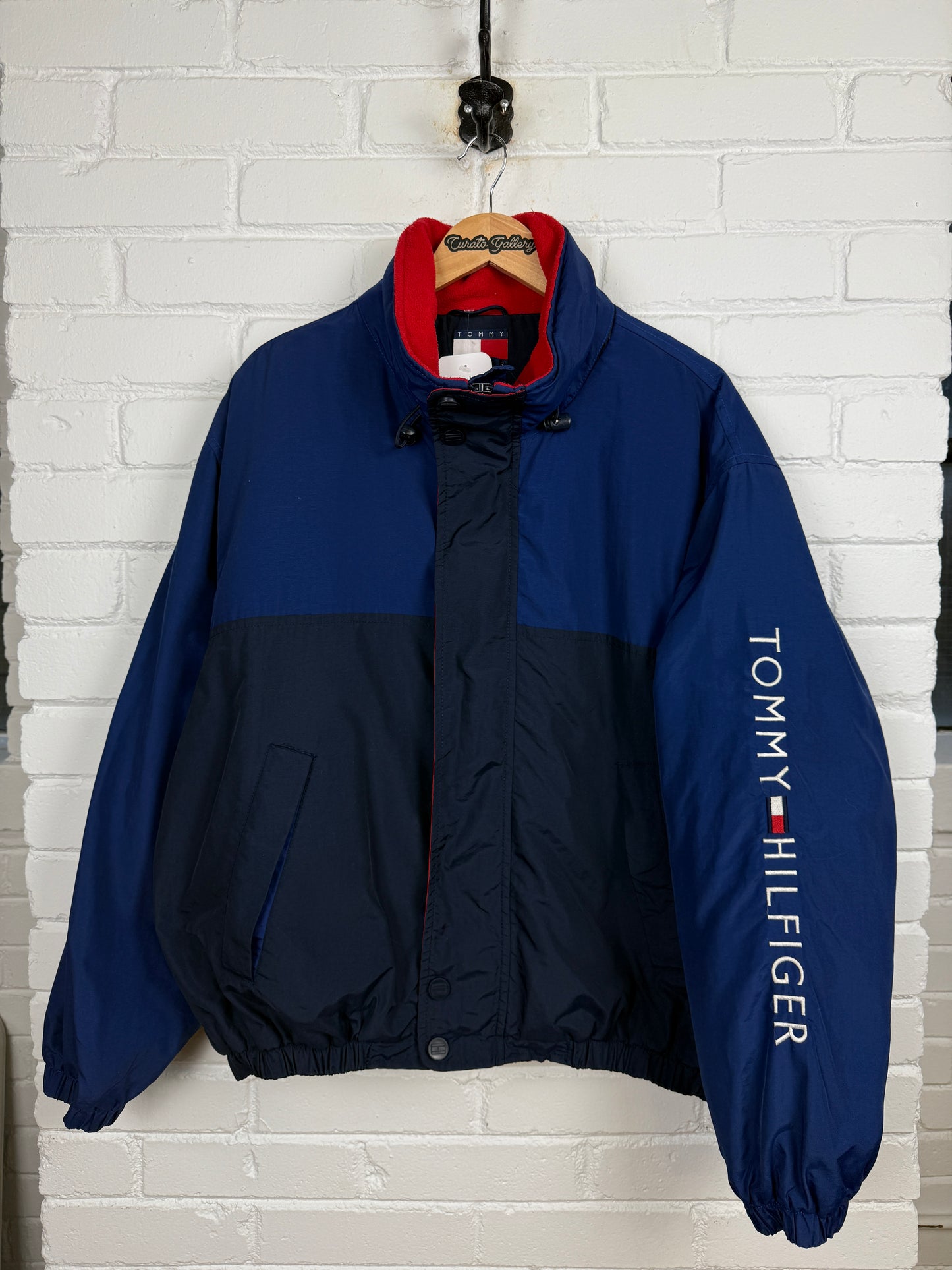 Vintage 90s Tommy Hilfiger Fleece Lined Two Tone Sleeve Spell Out Nylon Bomber Size L