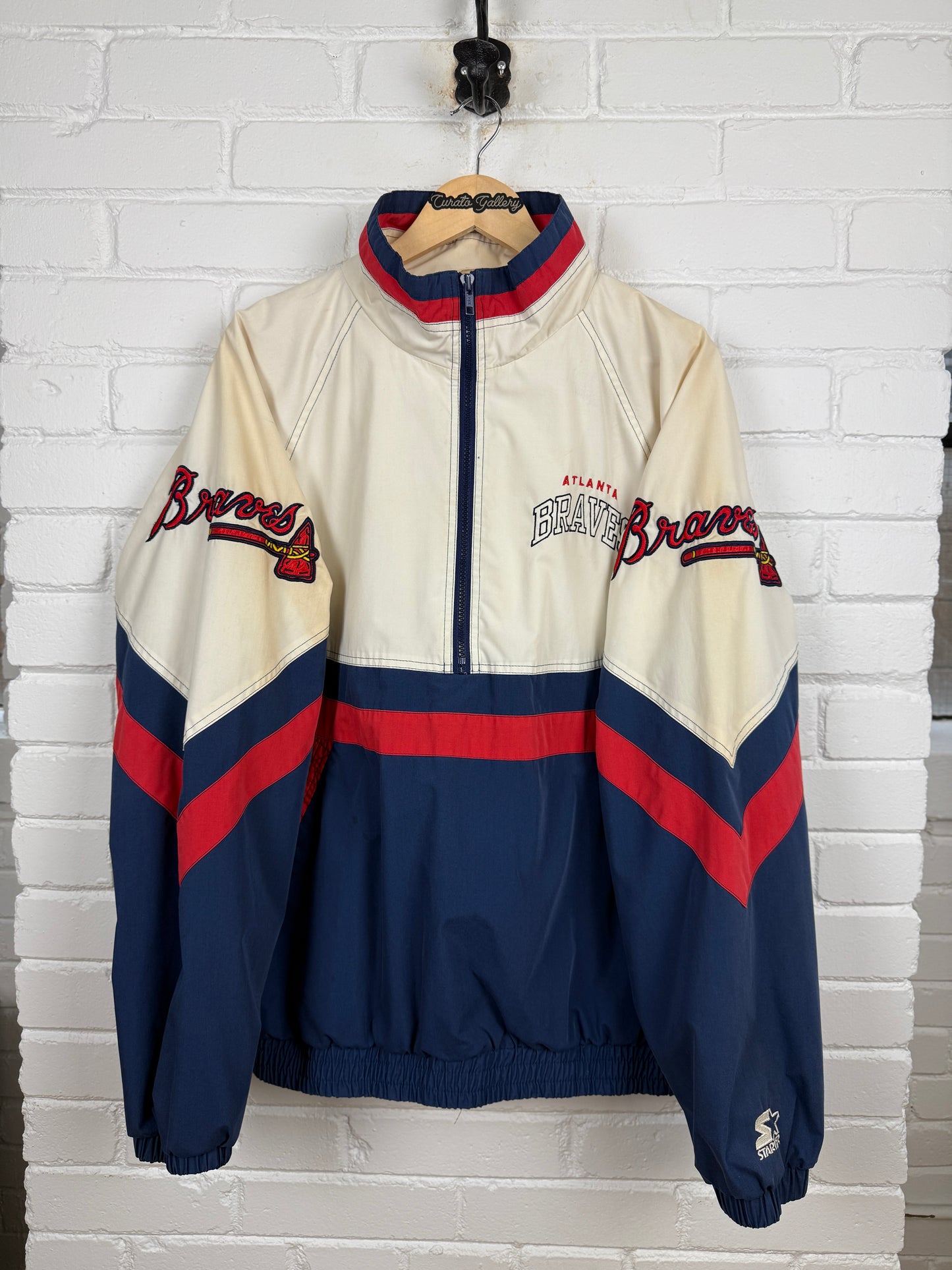 Vintage 90s Atlanta Braves MLB Starter Shoulder Patches 1/2 Zip Windbreaker Jacket Size XL