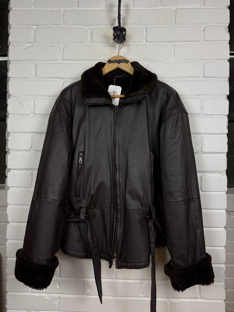 Vintage 90s Dimension Leather Faux Sherling Leather Bomber Jacket Size XL
