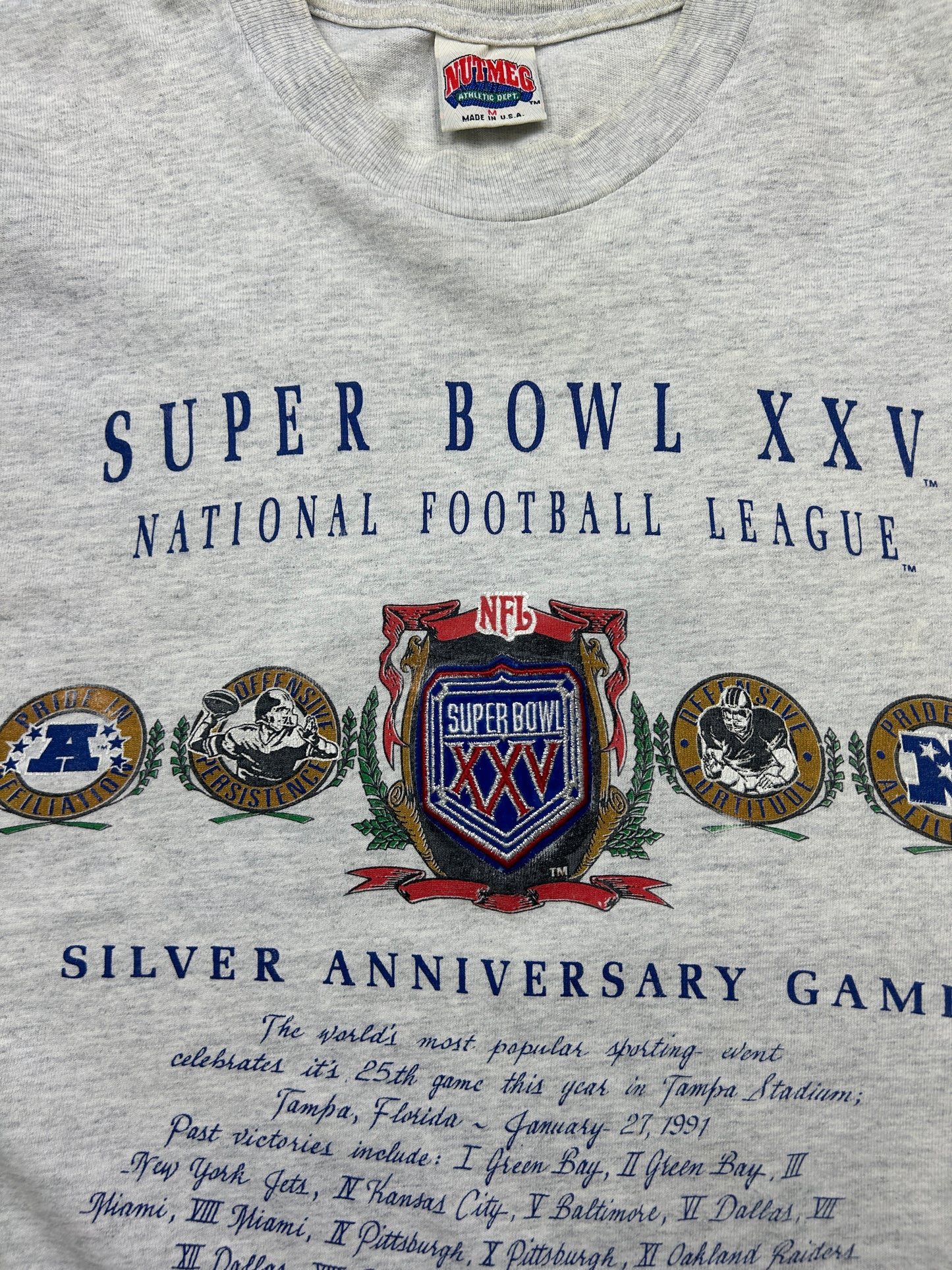 Vintage 1991 Super Bowl XXV Silver Anniversary Game NFL Nutmeg T Shirt Size M 90s