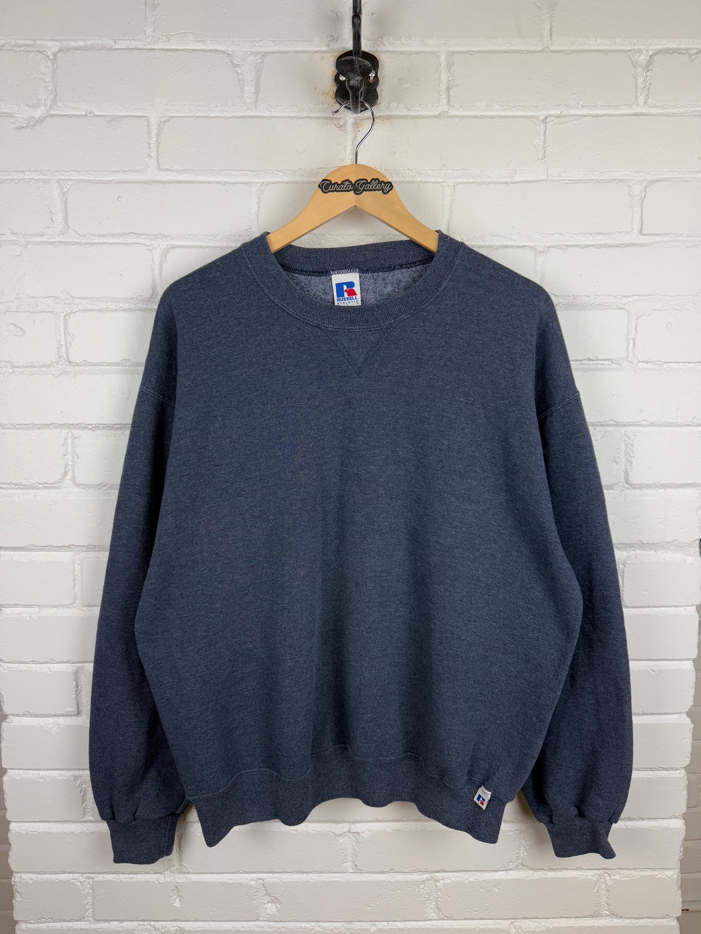 Vintage Russell Athletic Cropped Boxy Fit Blank Crewneck Sweatshirt Size L Charcoal Blue