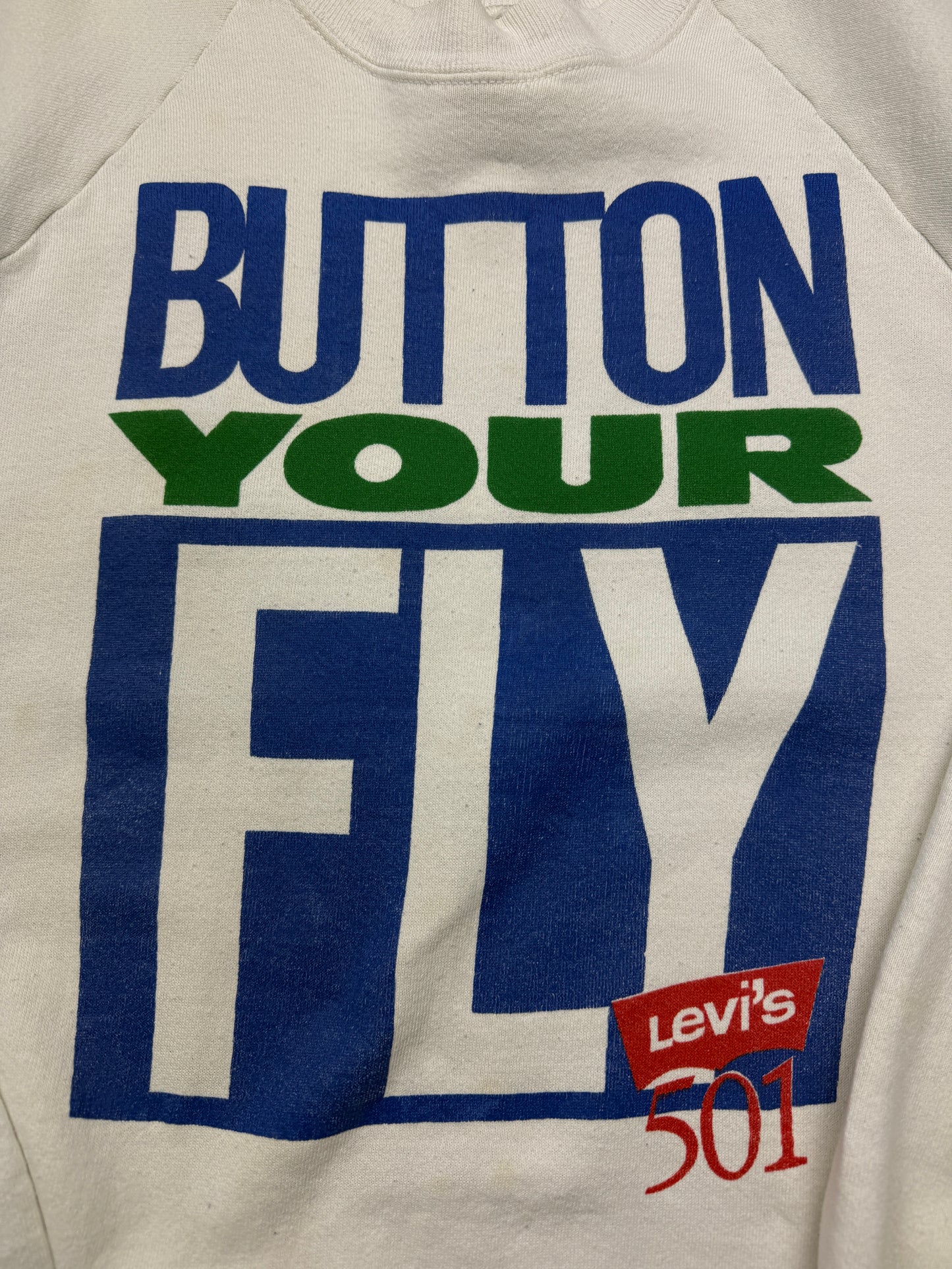 Vintage 80s/90s Levis 501 Button Your Fly Big Graphic Crewneck Size L