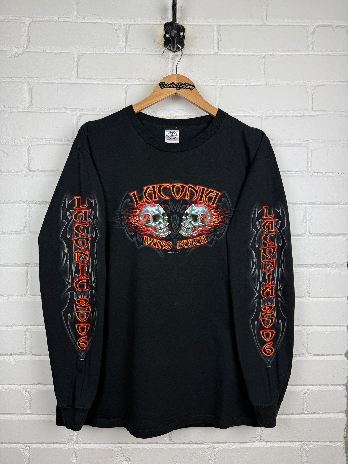 Vintage 2006 Laconia Weirs Beach Flames Skull Tribal Long Sleeve T Shirt Size L