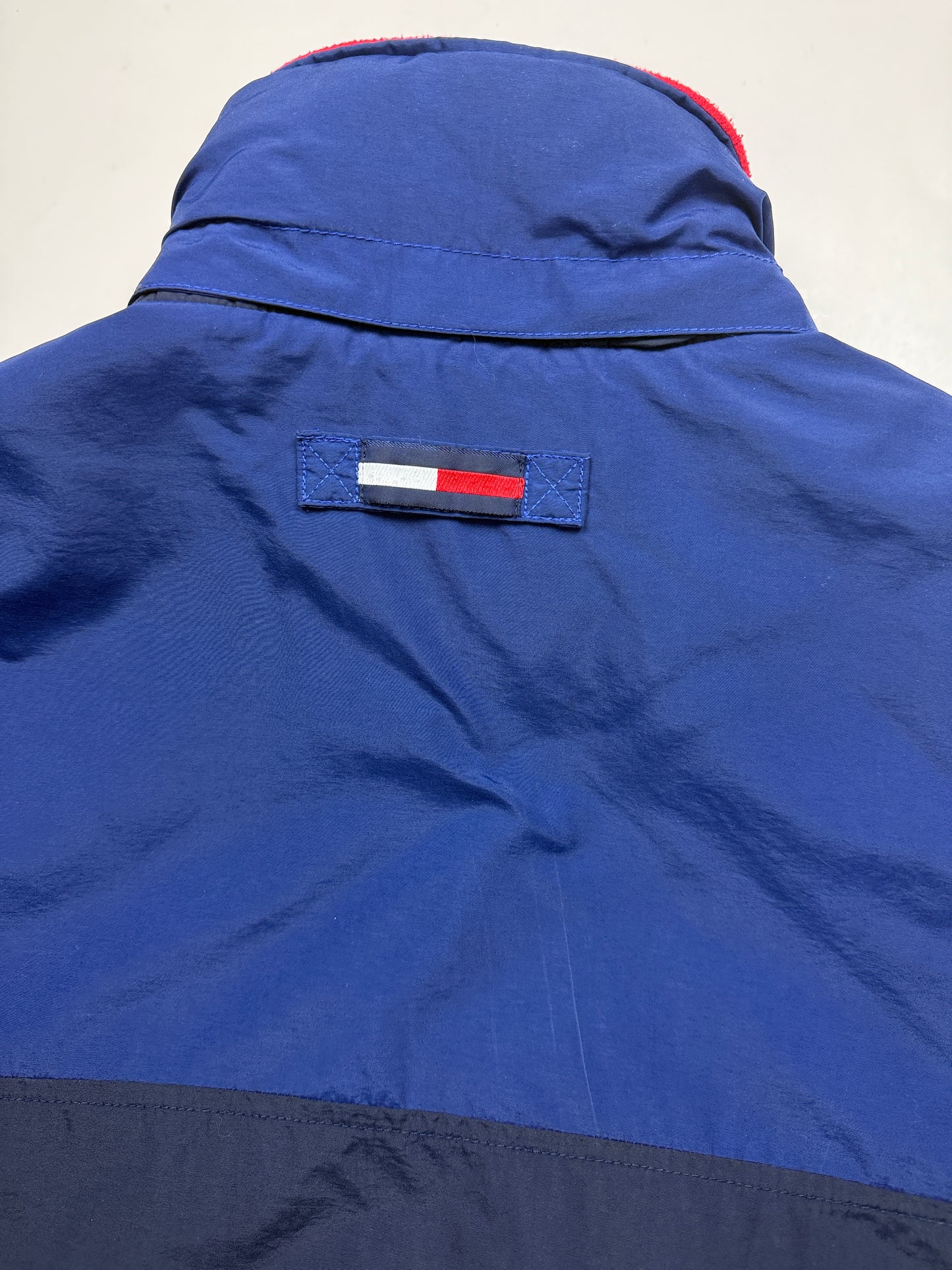 Vintage 90s Tommy Hilfiger Fleece Lined Two Tone Sleeve Spell Out Nylon Bomber Size L