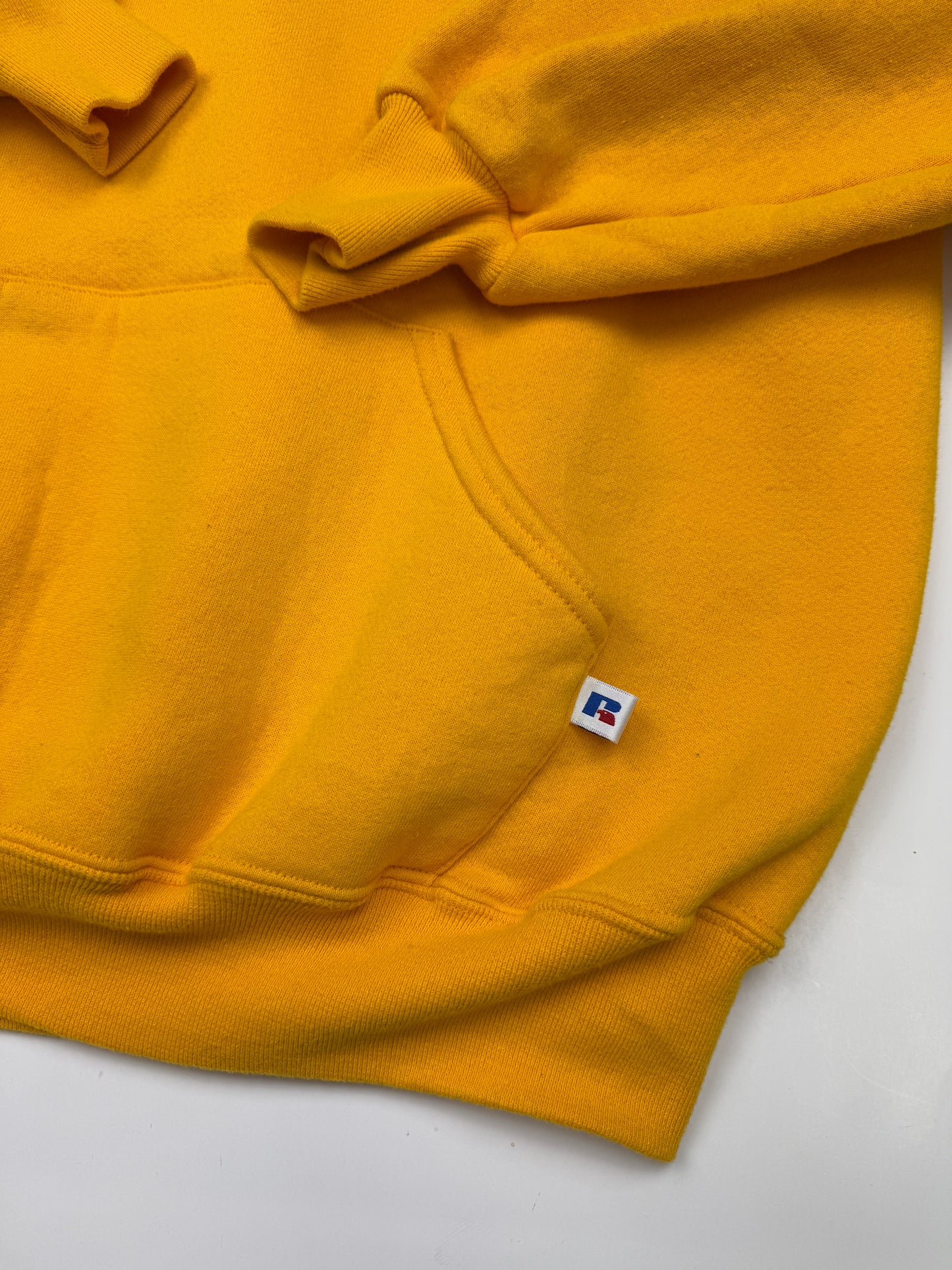 Vintage 90s Russell Athletic Cropped Boxy Fit Blank Hooded Sweatshirt Size XL Yellow