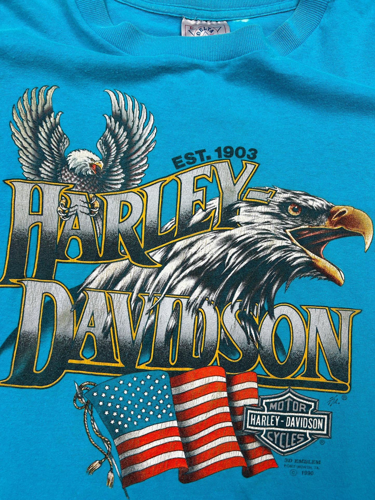 Vintage 1990 3D Emblem Harley Davidson Kansas Bald Soaring Eagle Size L