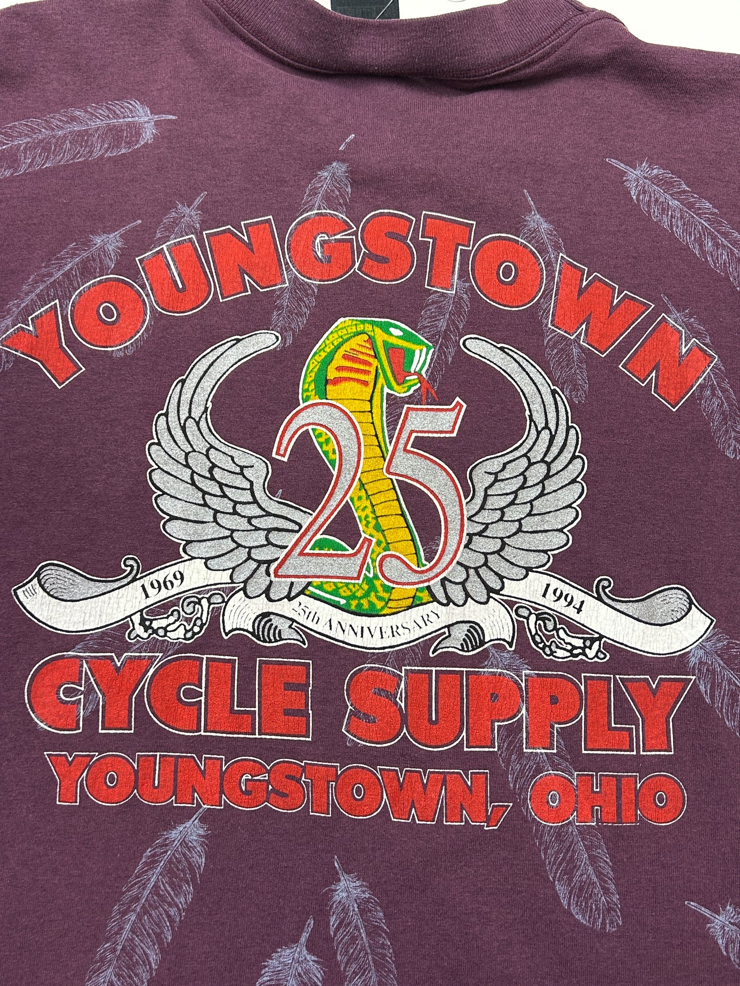 Vintage 1993 3D Emblem American Biker Ride American Youngstown 25 Anni AOP T Shirt Size XL