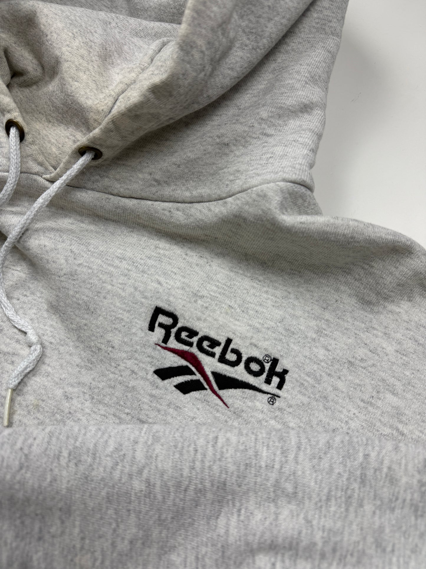 Vintage 90s Reebok Embroidered Spell Out Logo Hooded Sweatshirt Size L Heather Gray