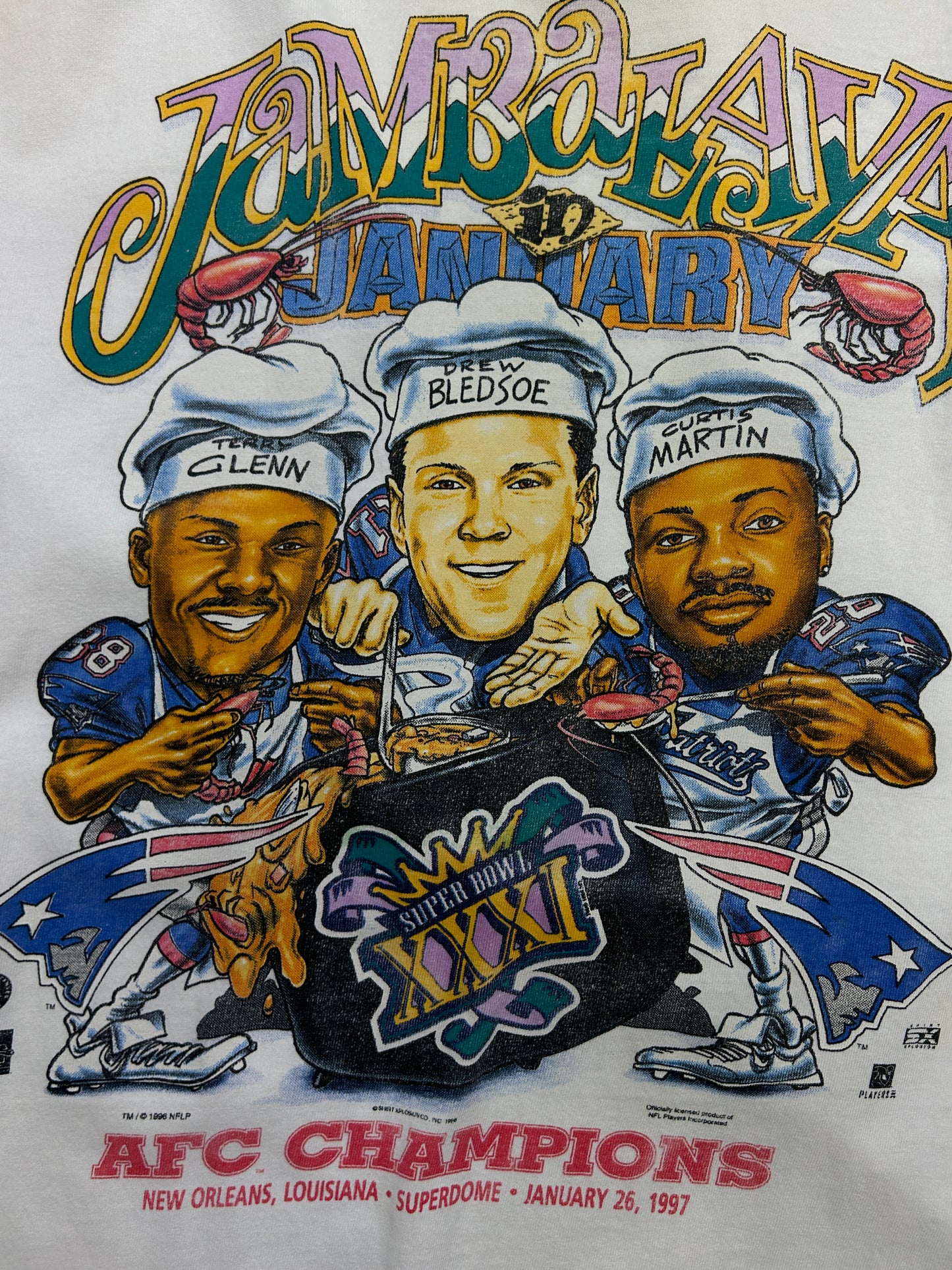 Vintage 1997 Super Bowl XXXI New England Patriots Jambalaya NFL T Shirt XXL 90s